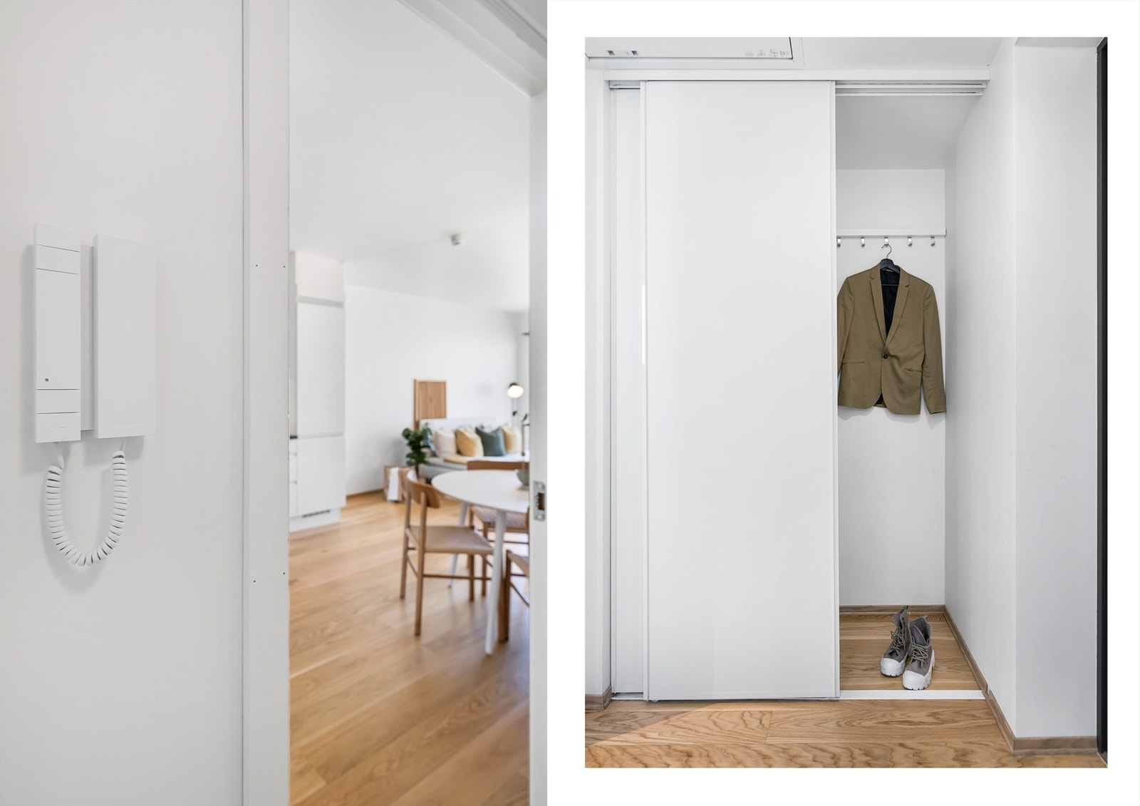 Leiligheten har porttelefon og i entreèn er det god plass for oppbevaring i skyvedørsgarderobe Galleribilde