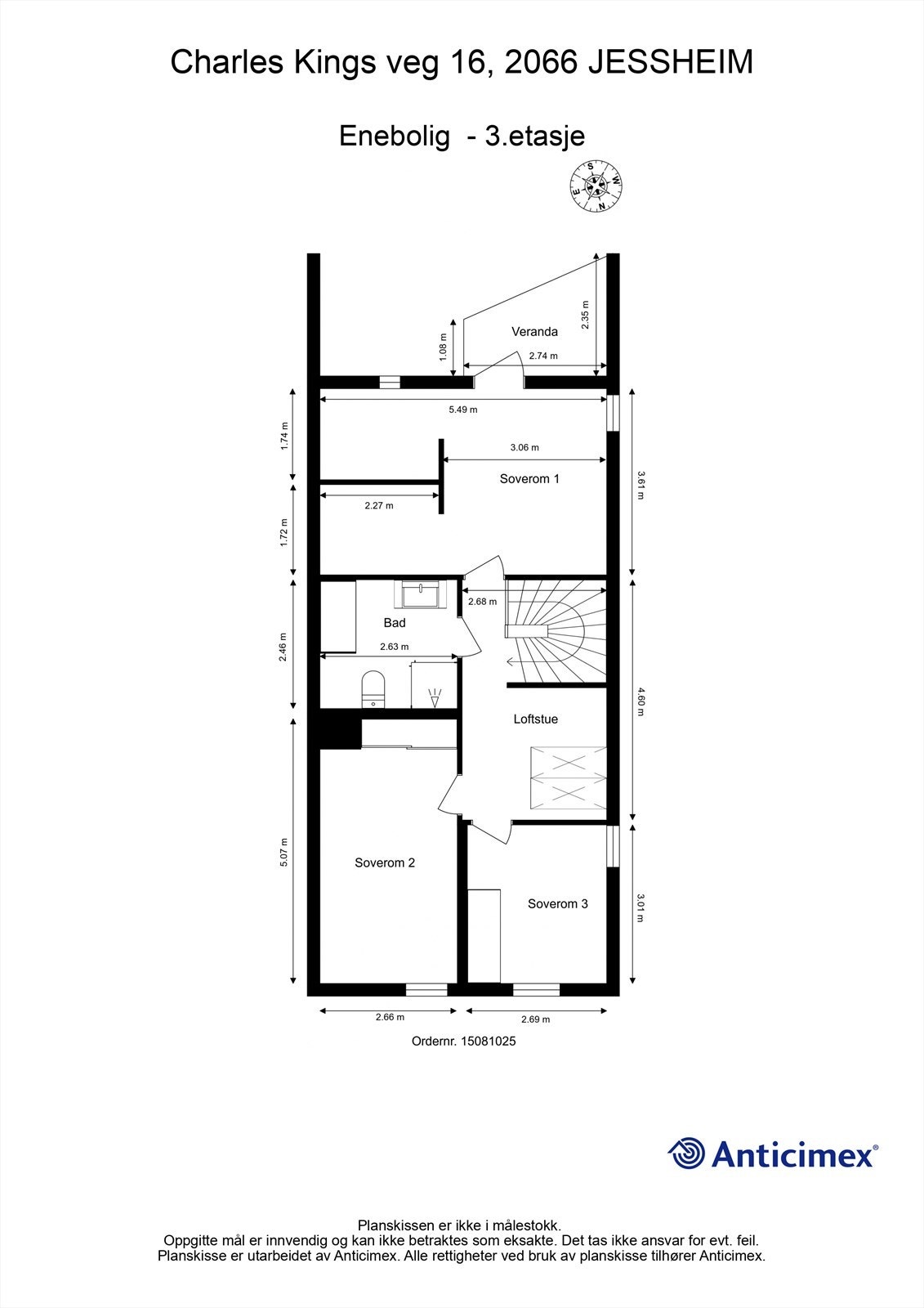 Plantegning 3. etasje - Toppetasjen rommer en privat sone med tre soverom, et stort bad og en lys loftstue. Hovedsoverommet har egen veranda. Galleribilde
