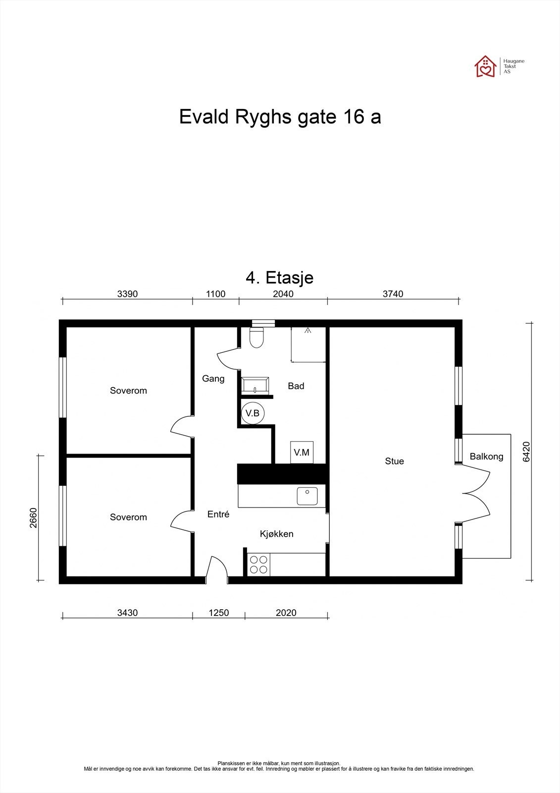 Plantegning. Leiligheten disponerer en bod i kjeller på ca. 12 m² og en bod på loftet på ca. 6 m² (gulvareal målt til ca. 8 m²). Galleribilde