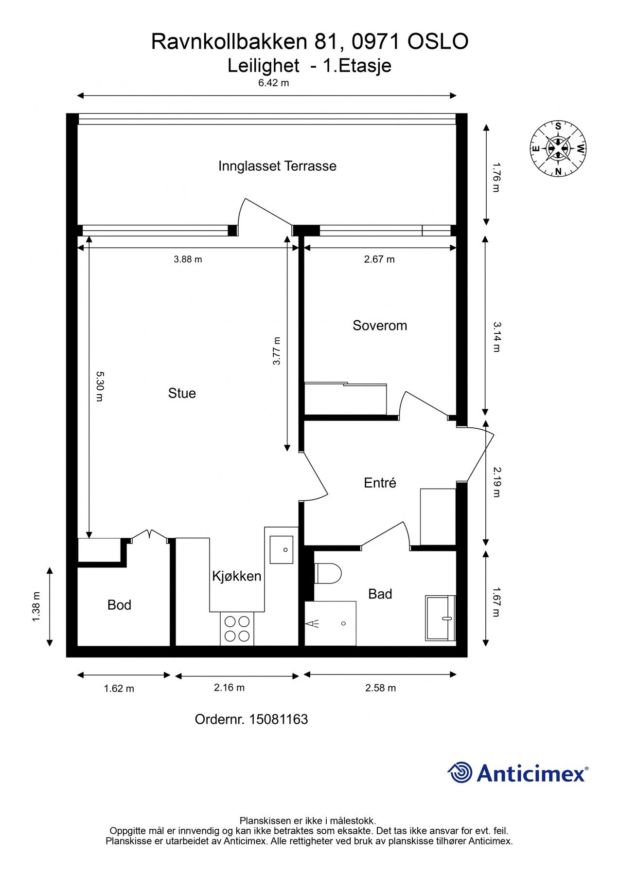 Plantegning. I tillegg disponerer leiligheten en garasjeplass, samt en utvendig bod på 5m². Galleribilde