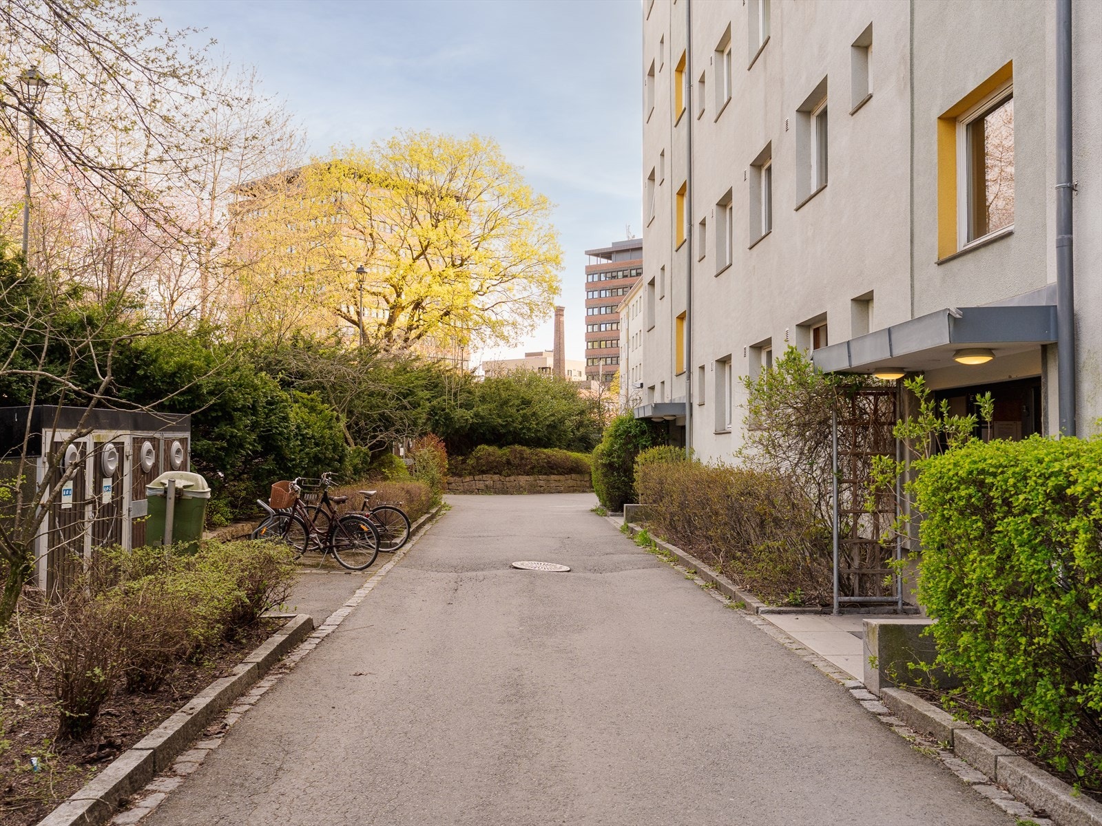Inngangspartiet ligger skjermet til i frodige omgivelser. Rett utenfor døren finner du også sykkelstativ. Galleribilde