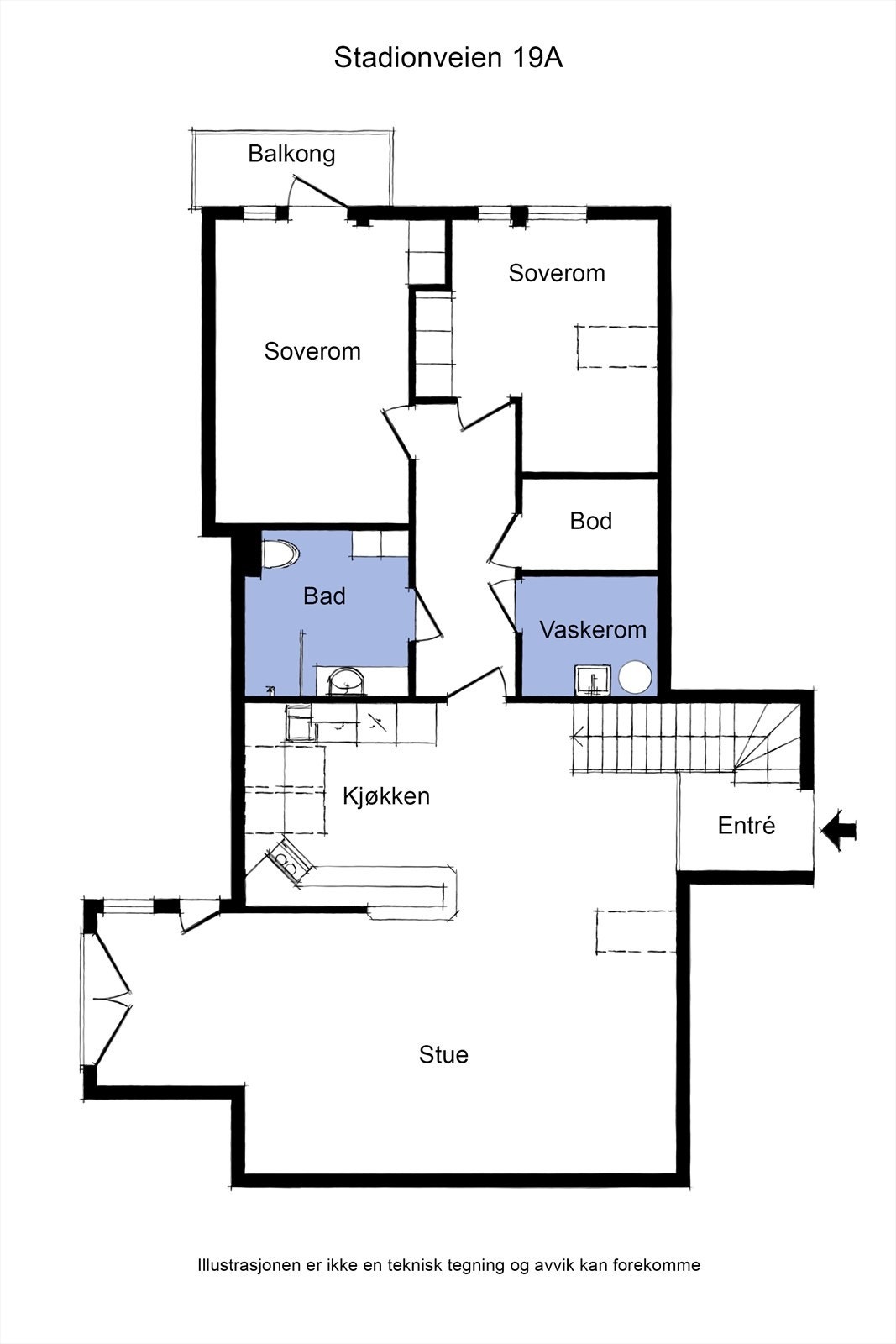 Leiligheten går over to plan og har en arealeffektiv planløsning med to soverom, separat vaskerom og en åpen sosial sone. Galleribilde
