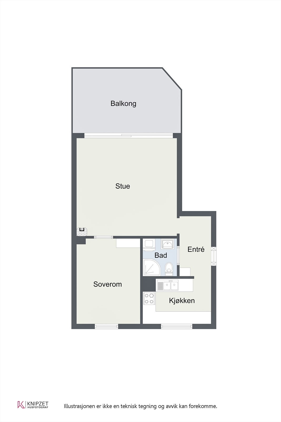 Leiligheten har en arealeffektiv planløsning på 49 m² som skiller de private sonene fra oppholdsrommene. Galleribilde