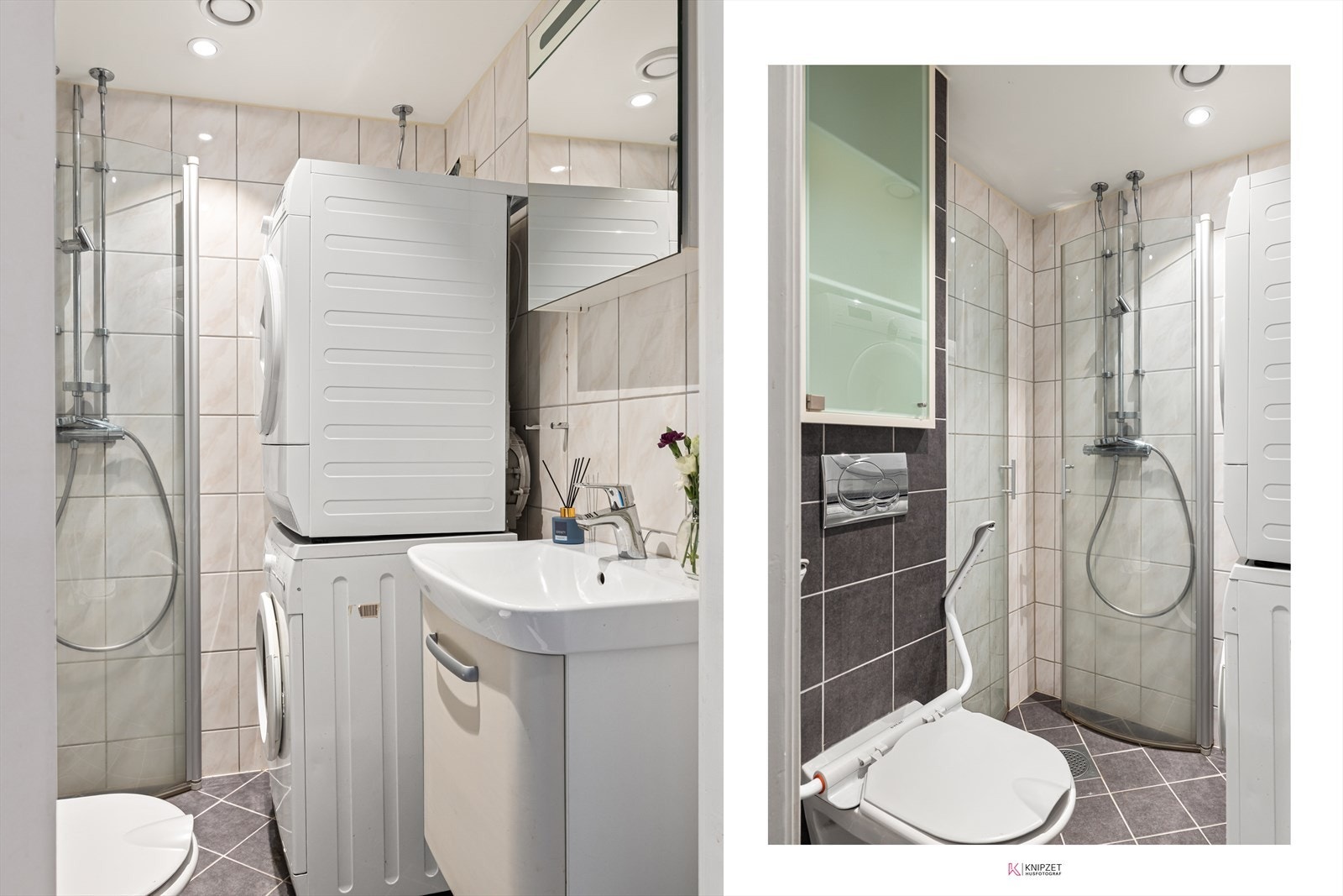 Badet er utstyrt med vegghengt toalett, dusjhjørne med innfellbare dører og downlights i taket. Galleribilde