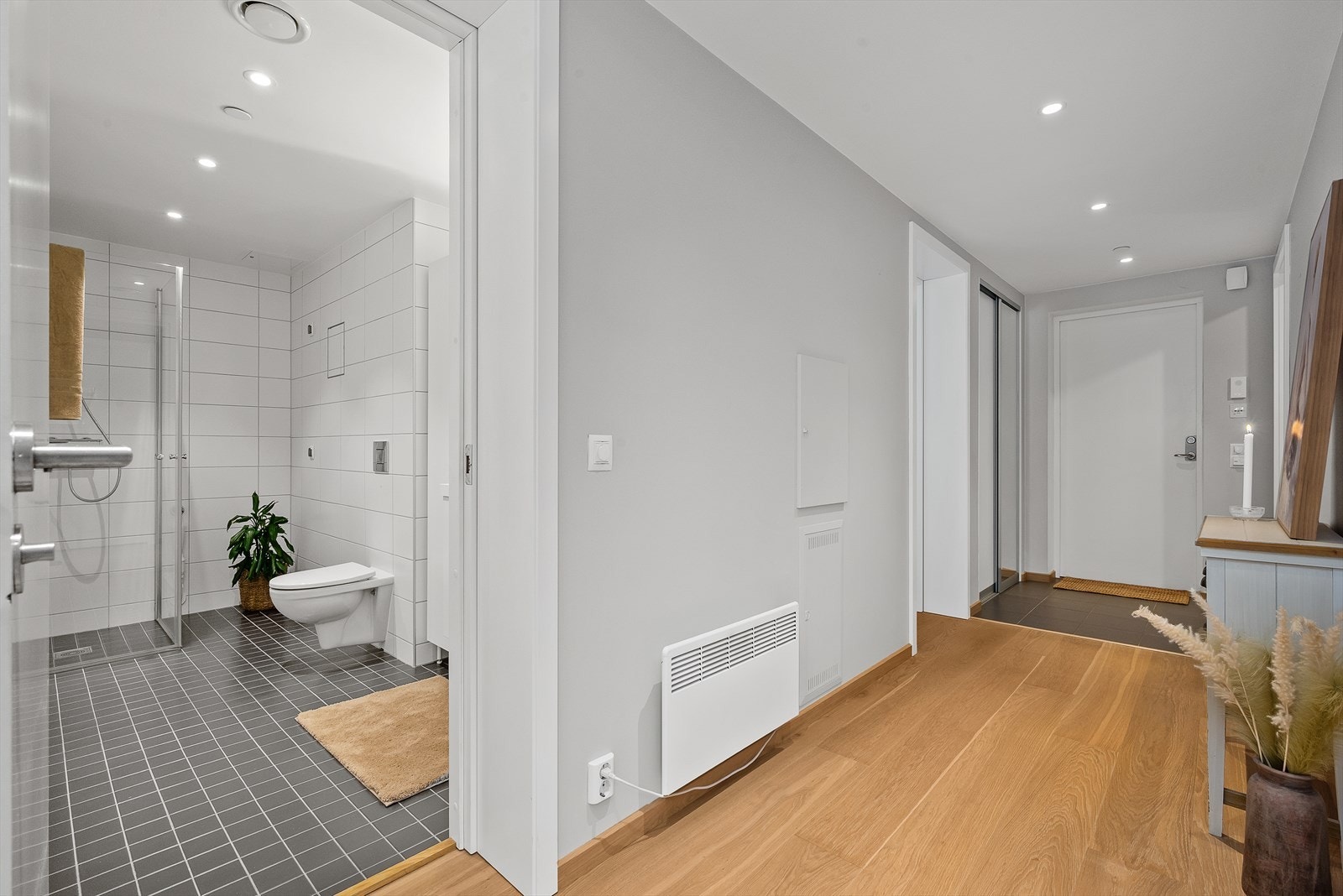 Boligen har en entré/gang på 10 kvm, med skyvedørsgarde, samt at du har spotter i taket både i gangen og på badet. Galleribilde