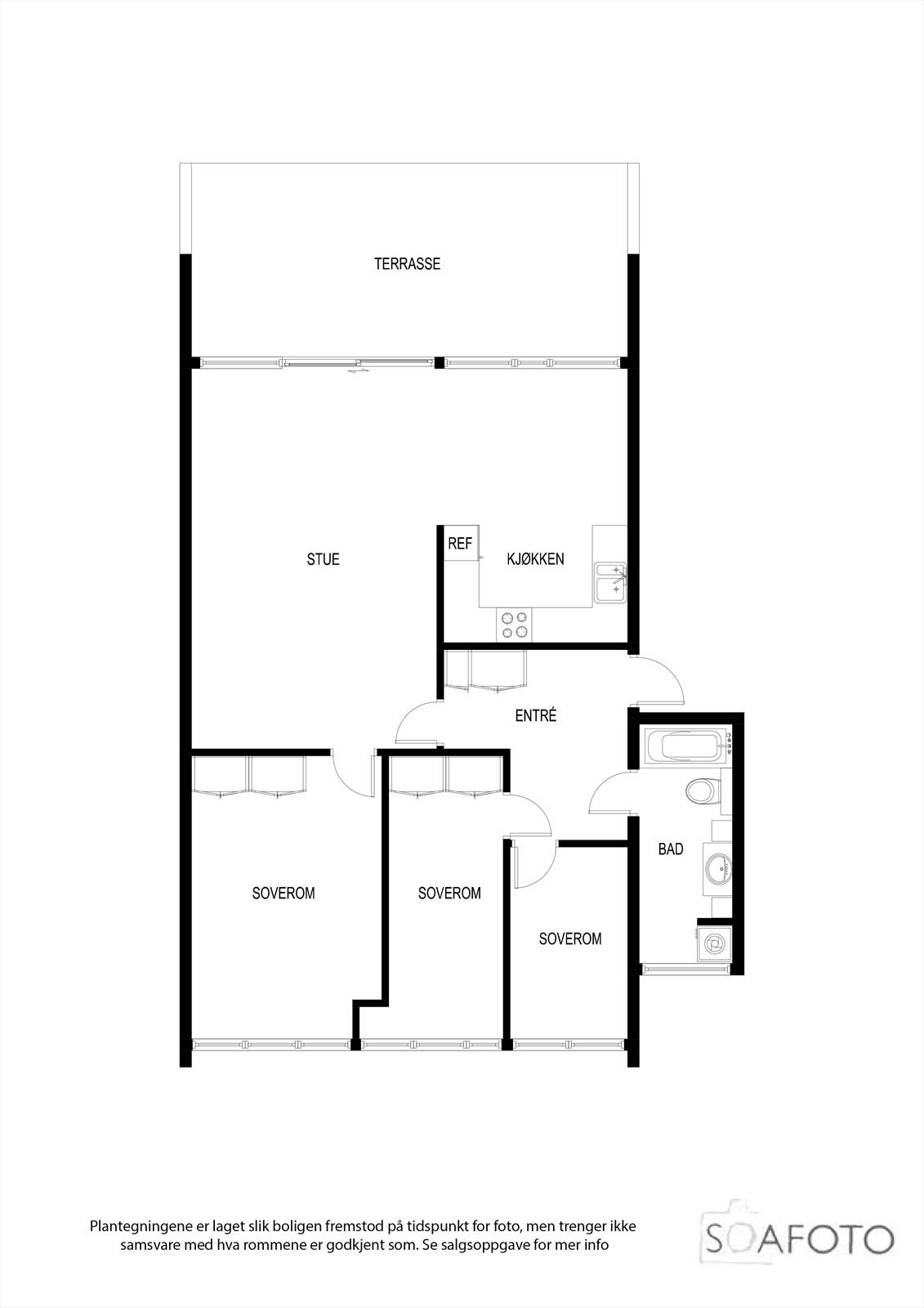 Leiligheten har en effektiv planløsning på 97 m² med alt på ett plan, som skiller soverommene fra de sosiale sonene. Galleribilde