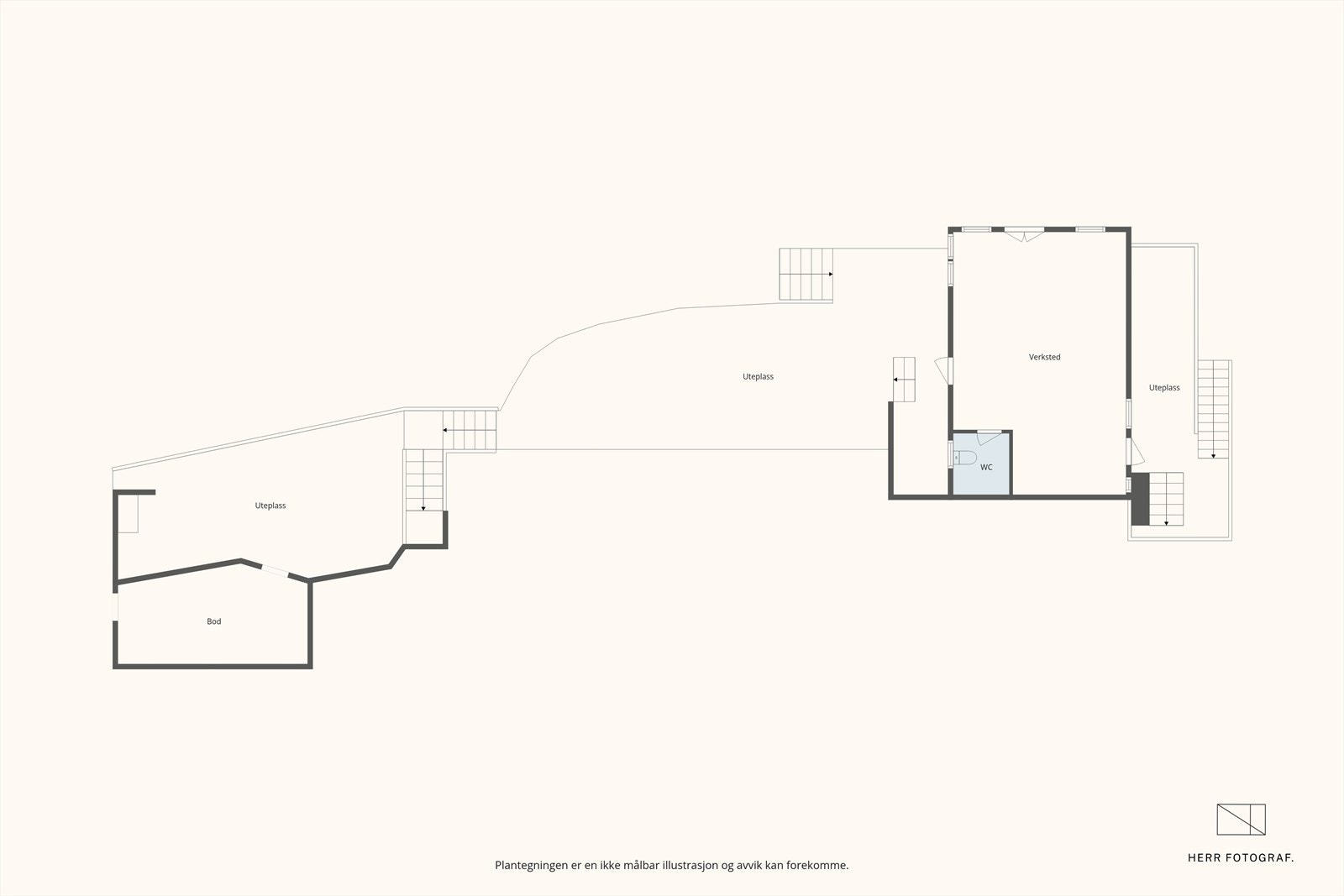 Plantegning for underetasje 2, med verksted på 35,8 m², bod og toalettrom. Galleribilde