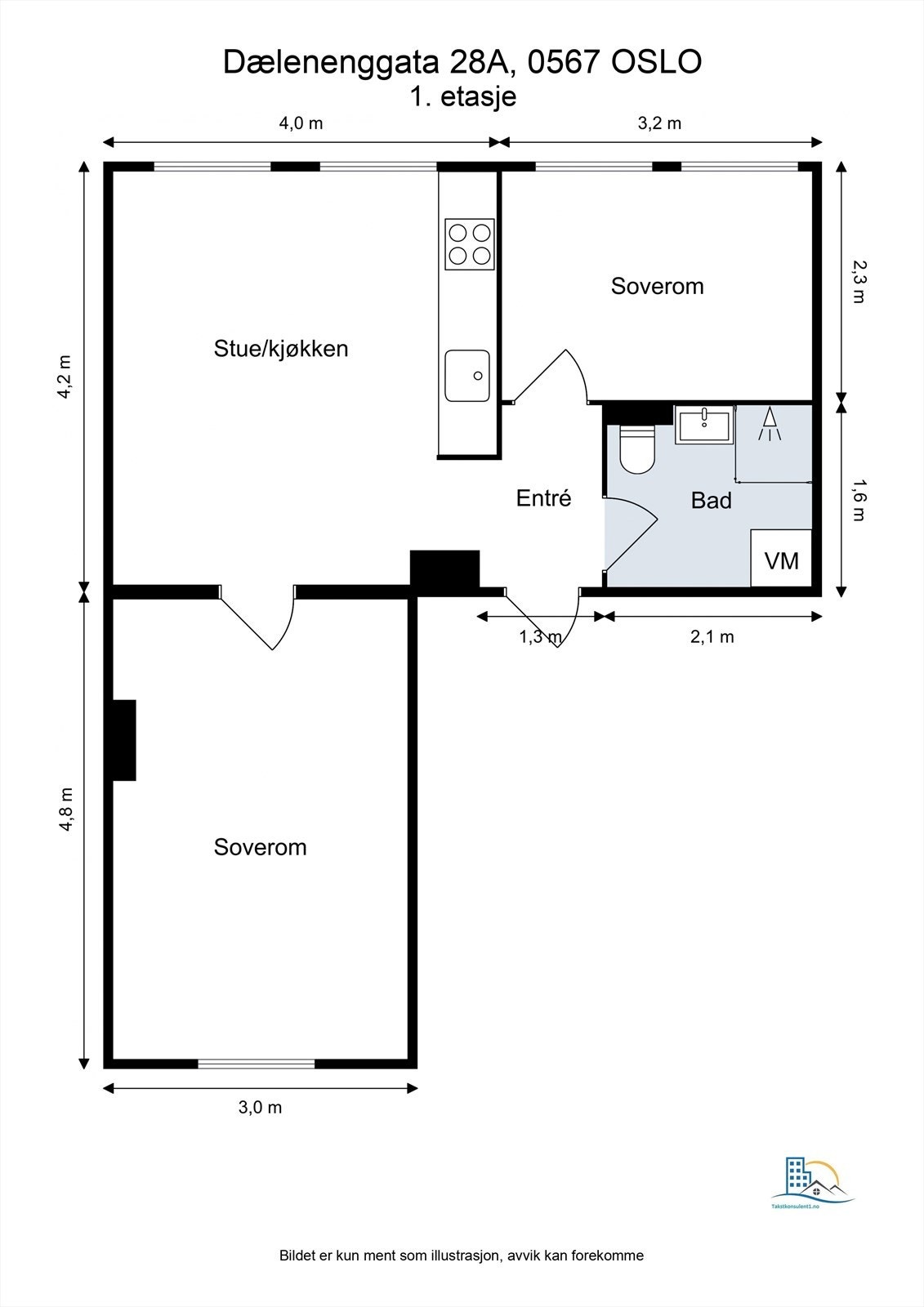 Leiligheten har en arealeffektiv planløsning på 46 m² med to soverom og en åpen stue-kjøkkenløsning. Galleribilde
