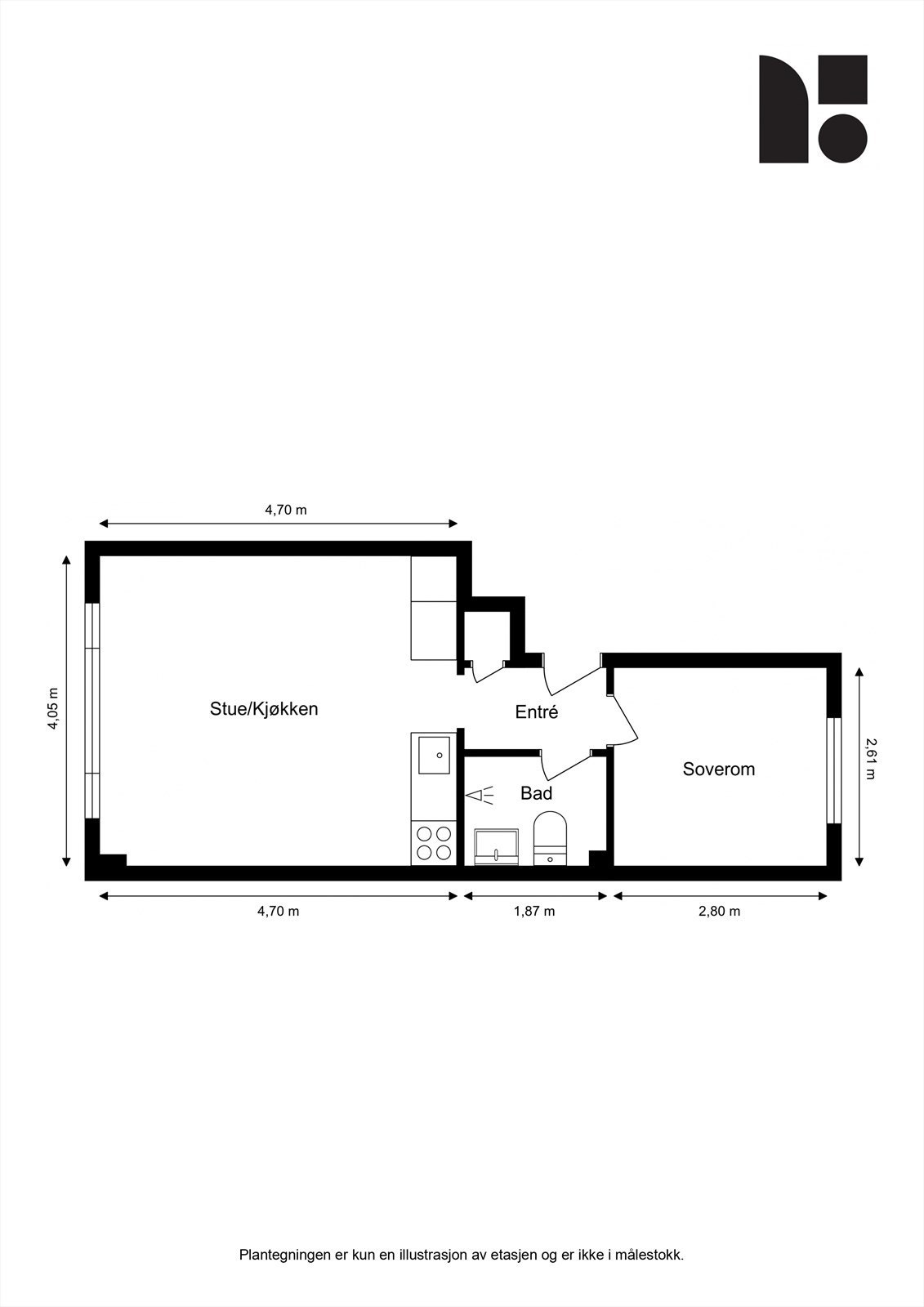 Plantegning. I tillegg disponerer leiligheten en kjellerbod på 1 m² og en loftsbod på 1 m². Galleribilde