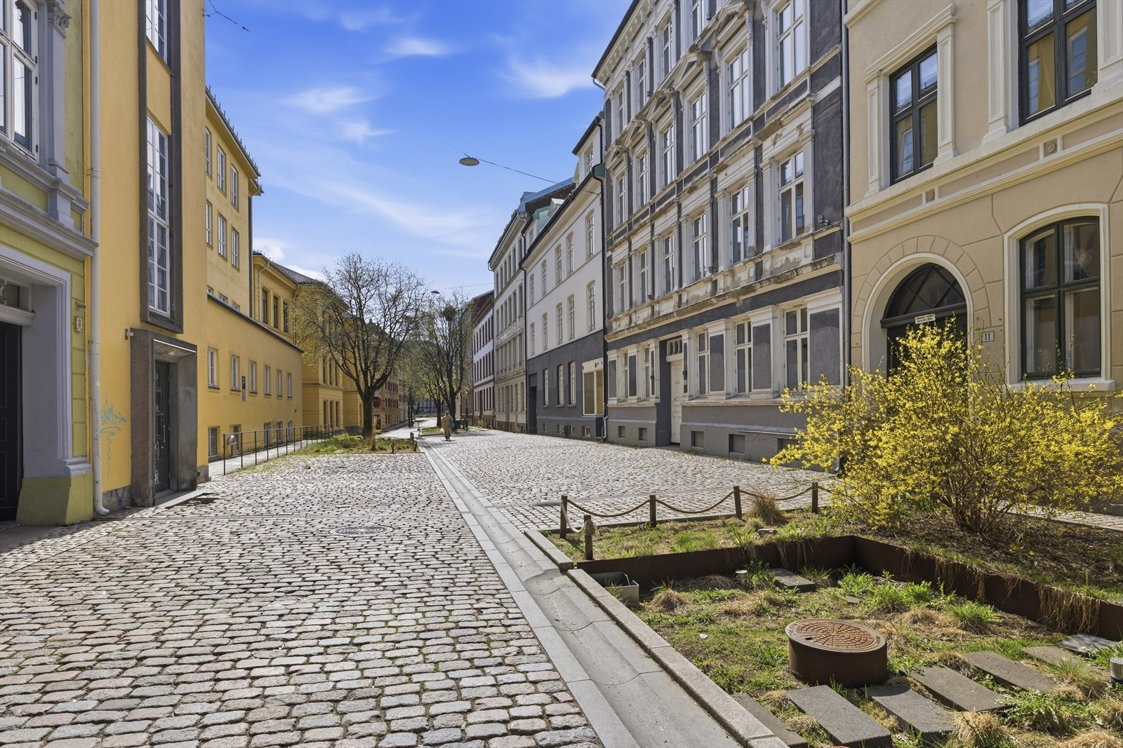Rolig gate med brosteinsdekke og grønne innslag. Galleribilde