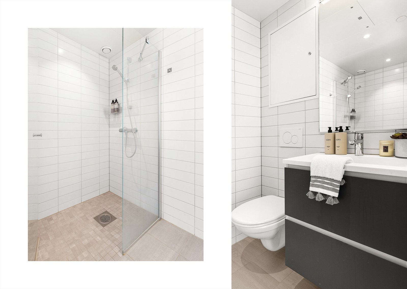 En suite-badet fremstår som moderne og eksklusivt med stilrene materialvalg. Galleribilde