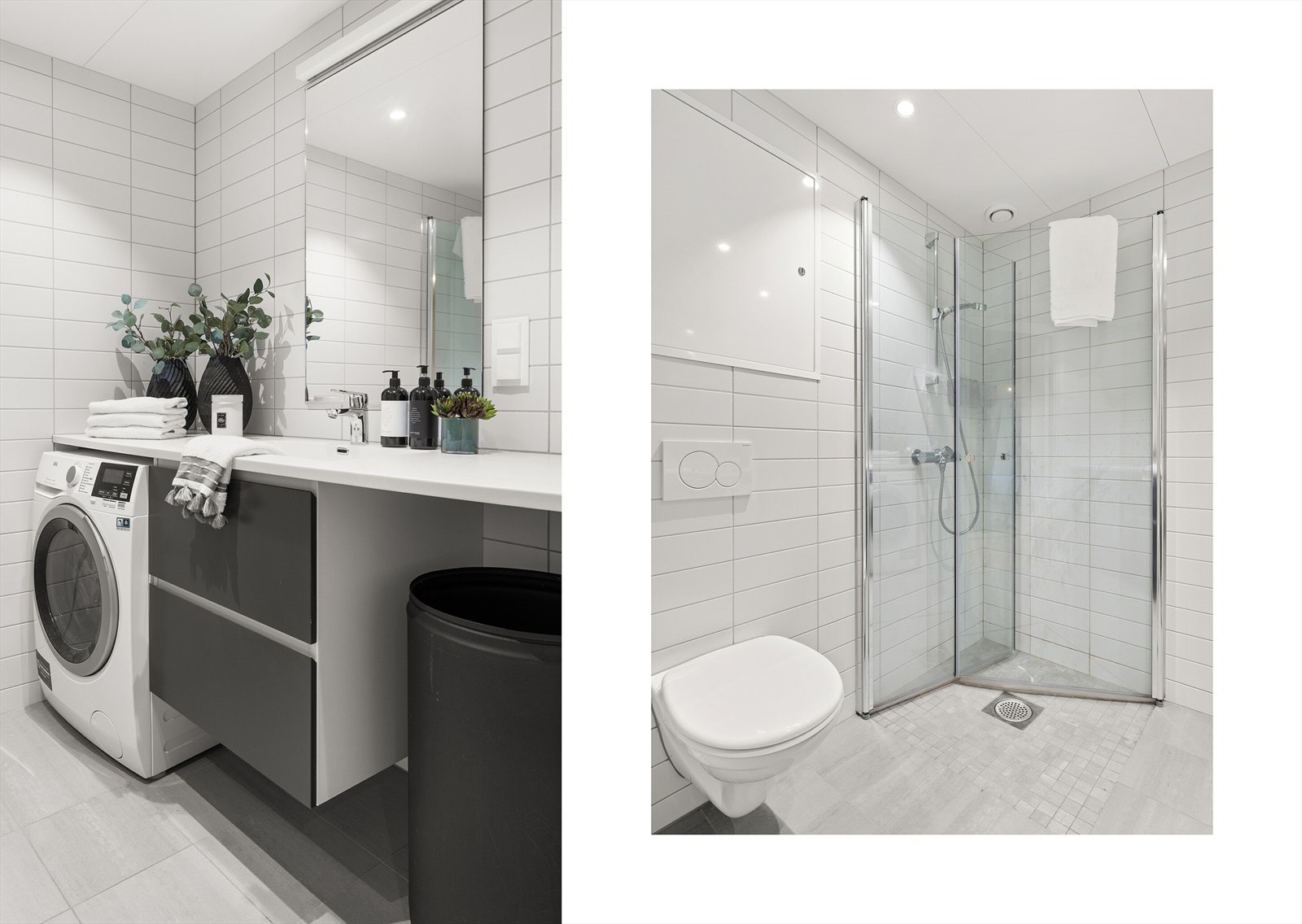 Badet er utstyrt med dusjløsning, servantinnredning og vegghengt toalett. Galleribilde