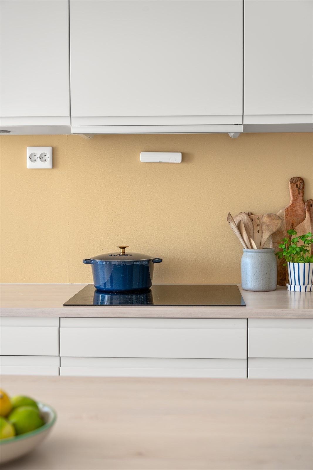 Moderne platetopp og laminert benkeplate gir gode arbeidsforhold for matlaging. Galleribilde