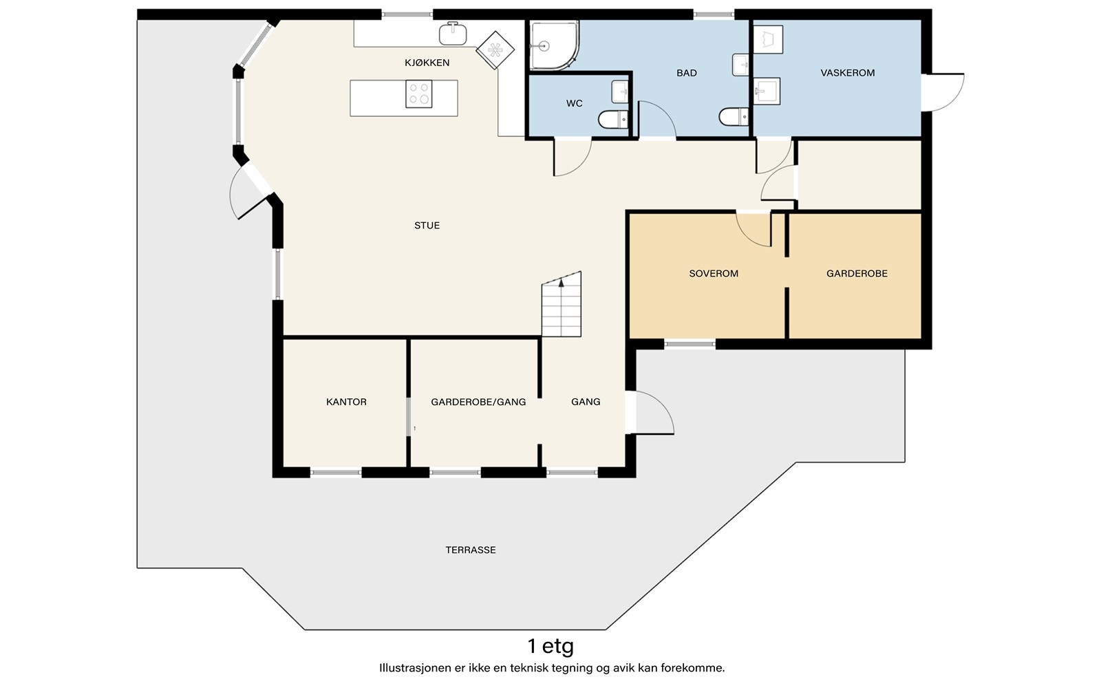 Første etasje har en familievennlig planløsning med en stor sosial sone, soverom, bad, vaskerom og kontor. Galleribilde
