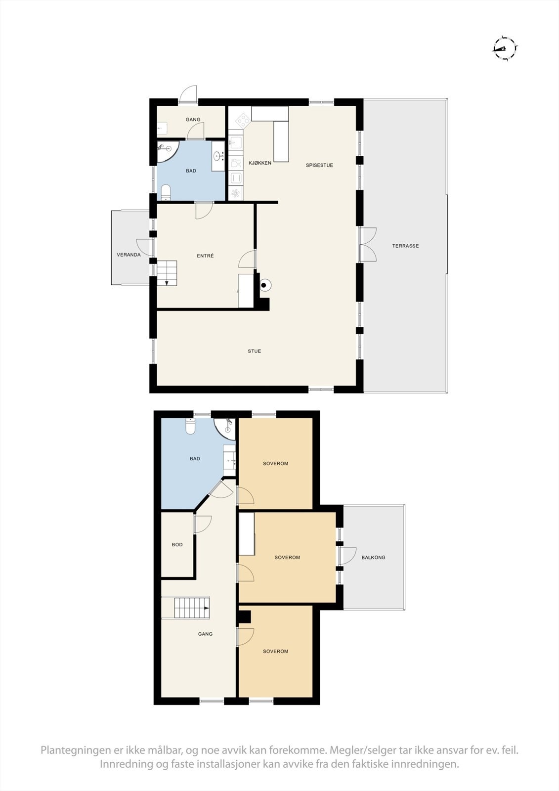 Boligen har en familievennlig planløsning med en åpen og sosial sone i første etasje, og en privat soveromsavdeling med tre soverom og loftstue i andre etasje. Galleribilde