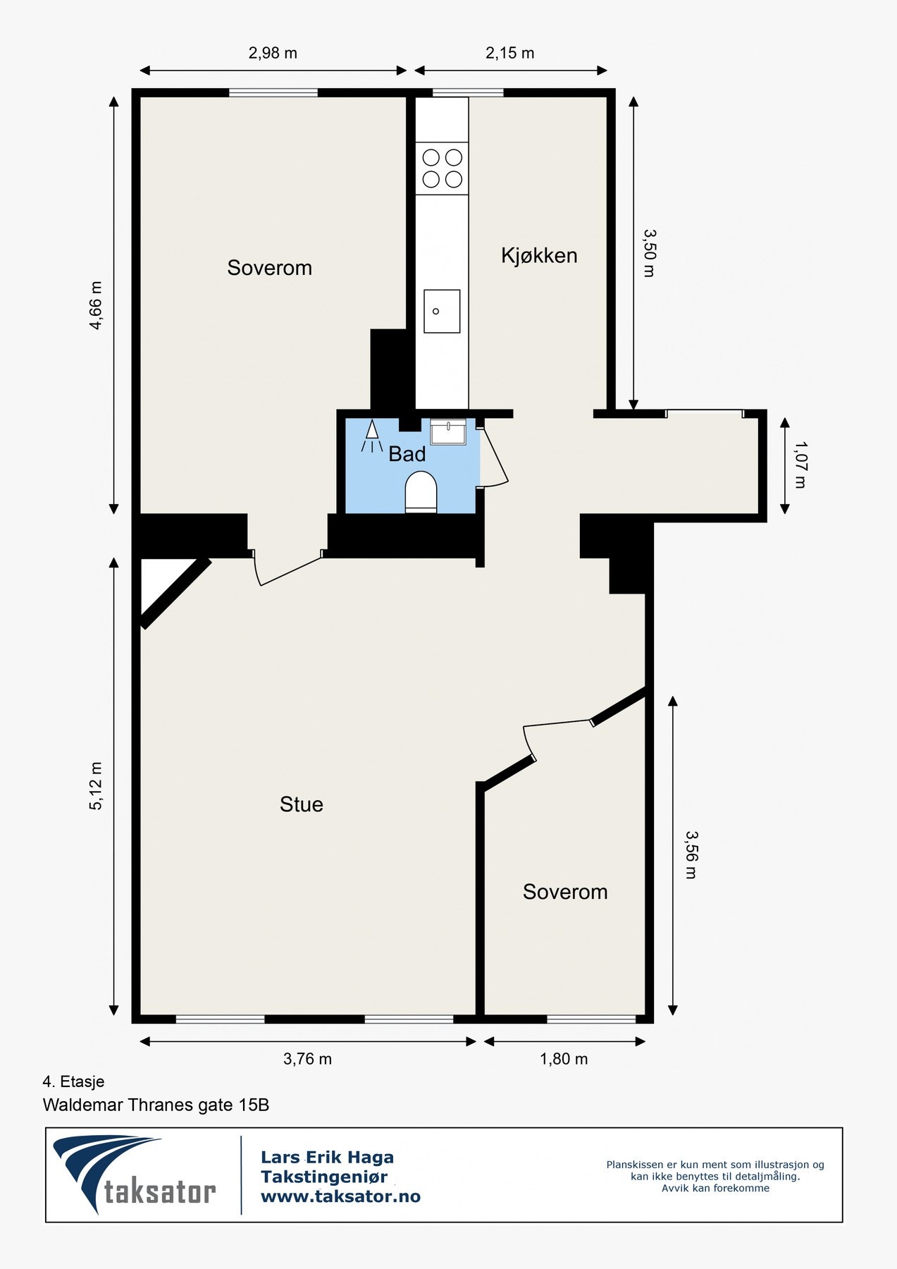 Plantegning. Leiligheten disponerer to boder på totalt 11m², hhv. én i kjeller og én i trappeoppgangen Galleribilde