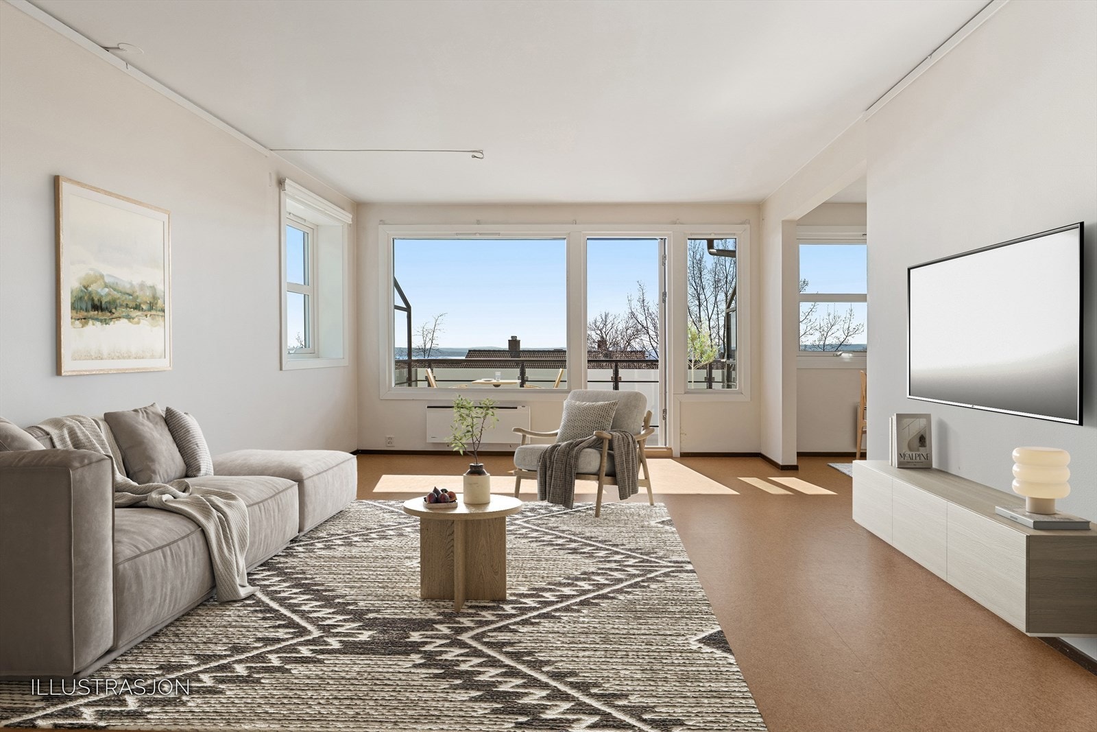 Stuen har en romslig planløsning med flere innredningsmuligheter. (digital styling) Galleribilde
