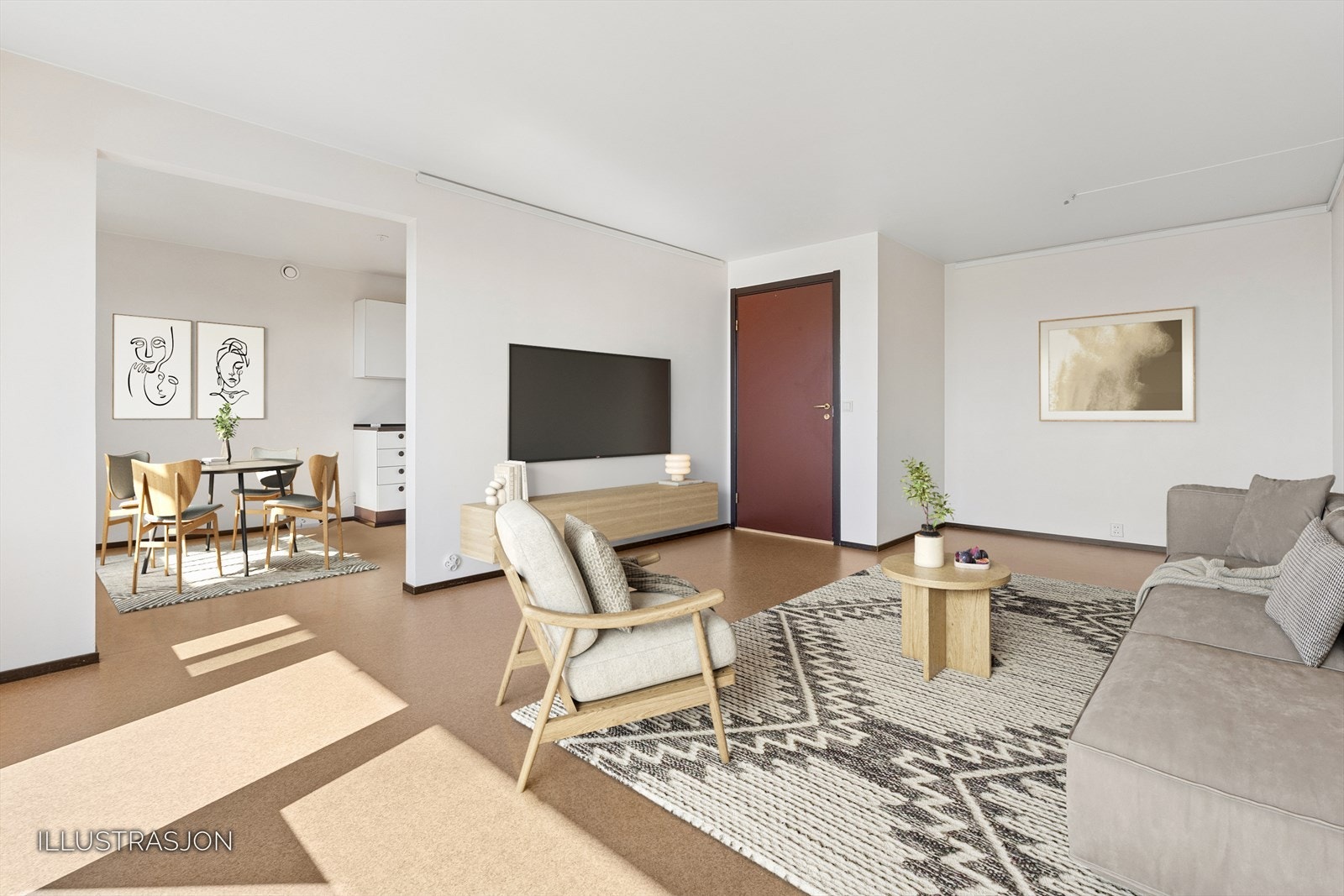 Effektiv planløsning med skillevegg mellom kjøkken og stue. Flere i borettslaget har etablert et ekstra soverom i en del av stuen. (digital styling) Galleribilde