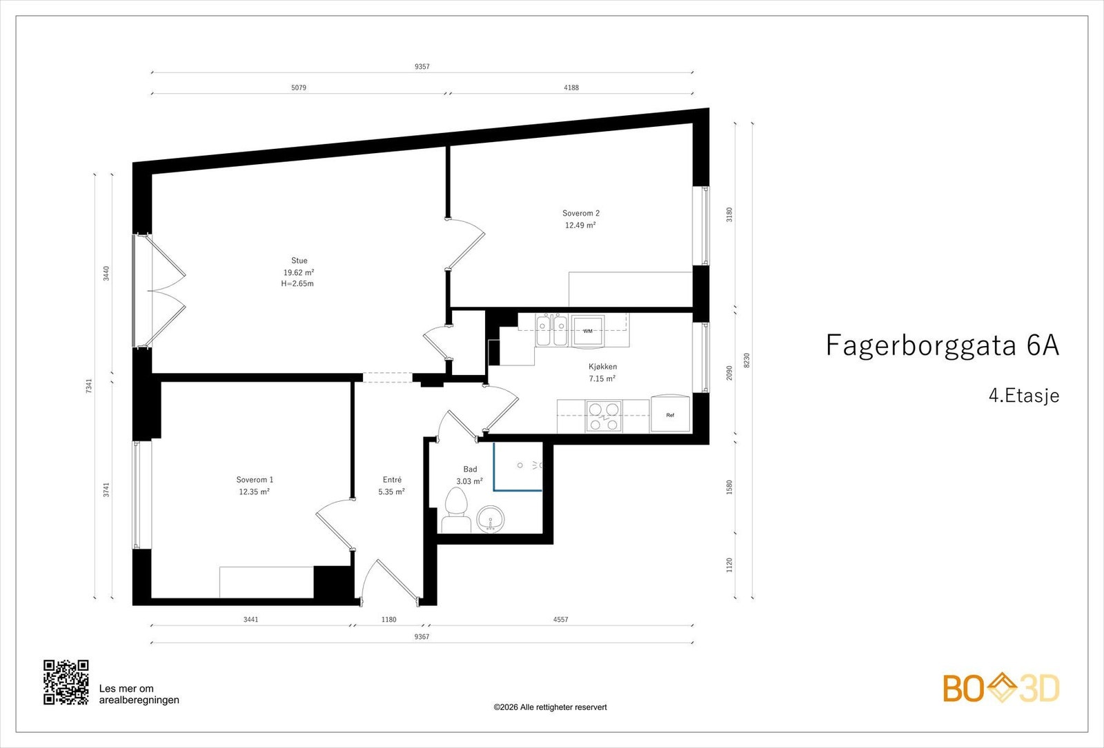 Planskisse 4.etg BRA-i: 63 kvm bestående av entré, luftig stue, separat kjøkken, to gode soverom og baderom. To eksterne boder på totalt 4 kvm, henholdsvis i kjeller og på loft. Galleribilde