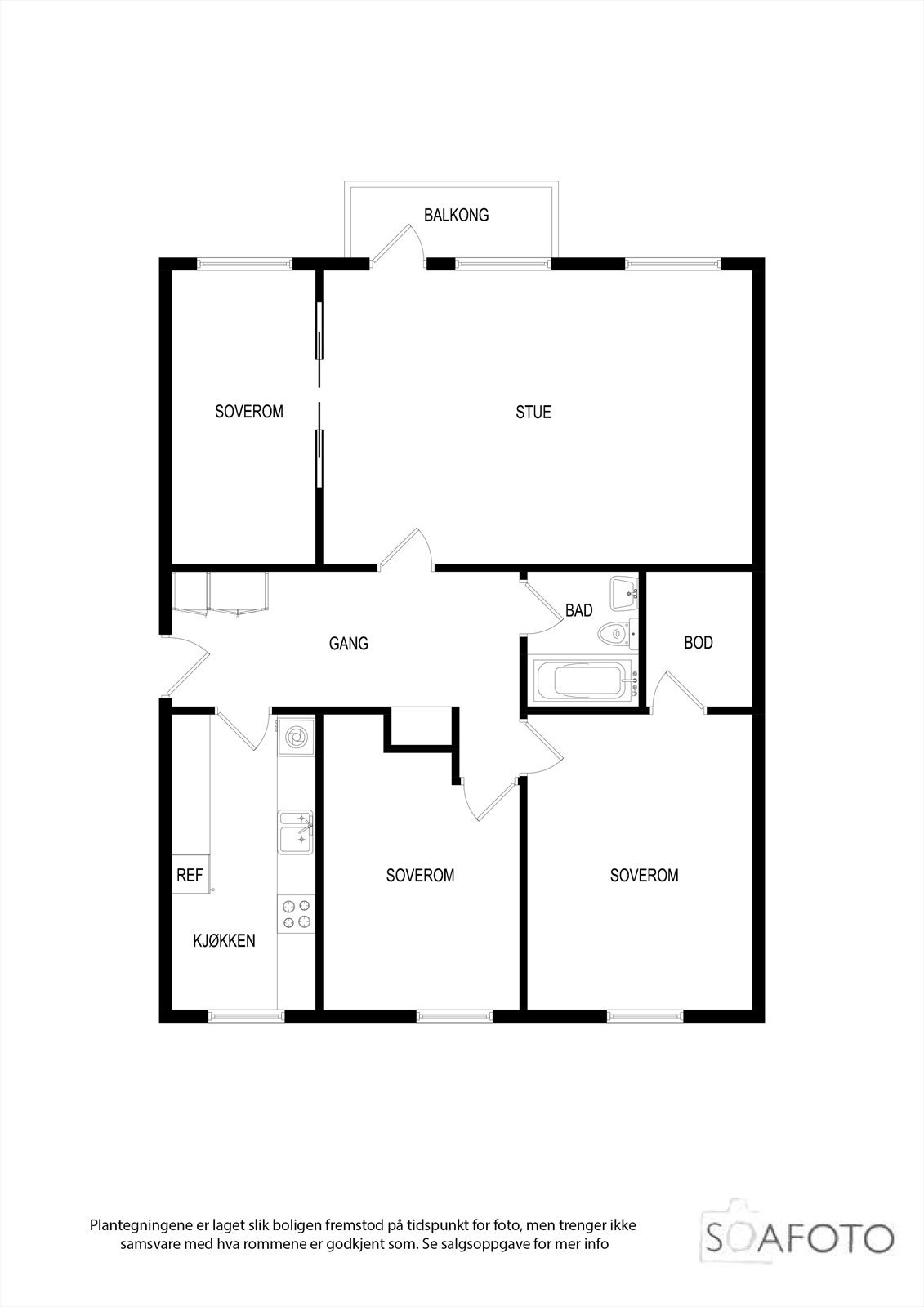 Leiligheten har en effektiv planløsning på 83 m² som skiller soverommene fra de sosiale sonene. Galleribilde