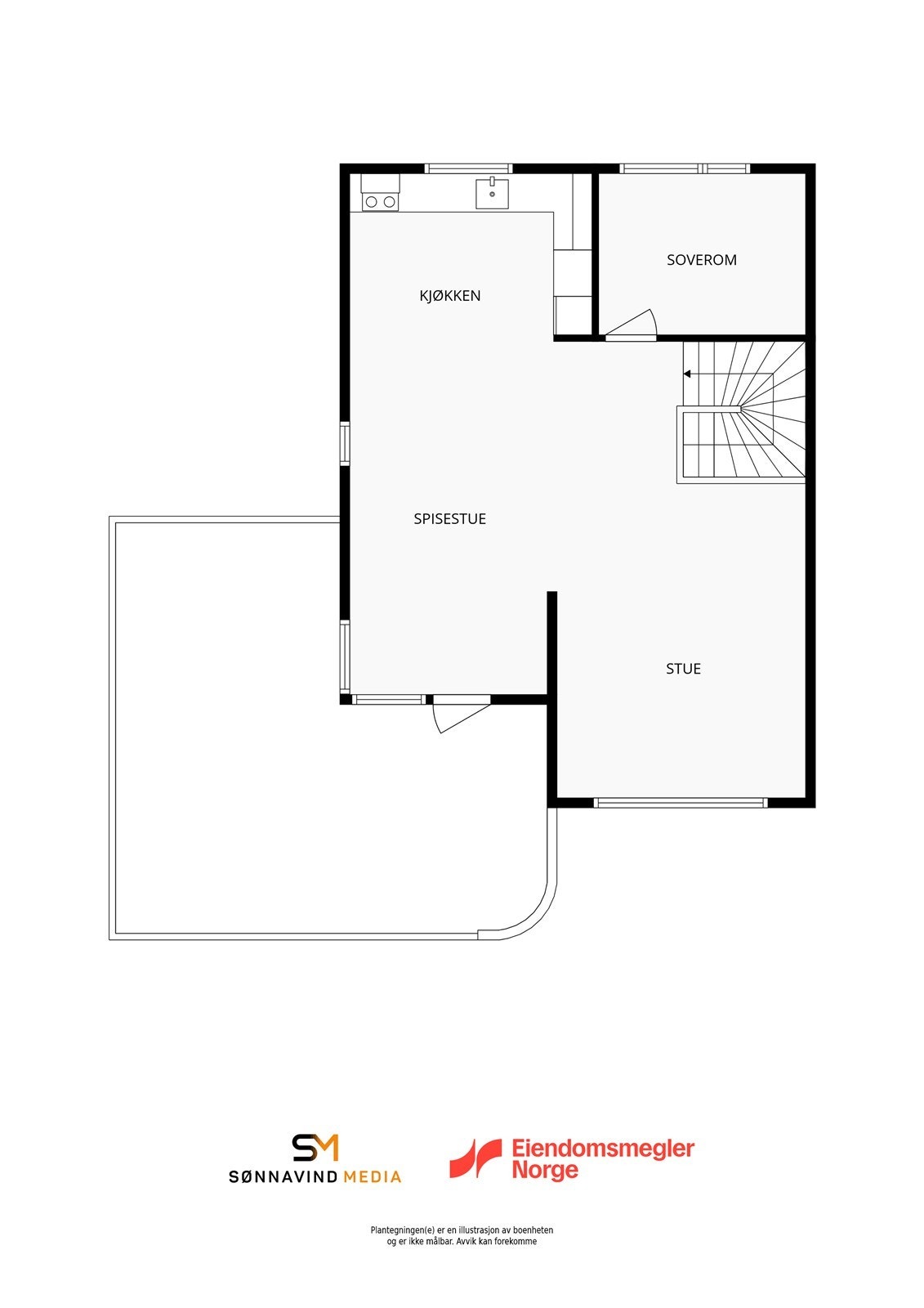 Plantegning 2. etasje. Planløsningen har kjøkken, spiseplass og stue i åpen løsning, og et ekstra soverom. Stor takterrasse over carport. Galleribilde