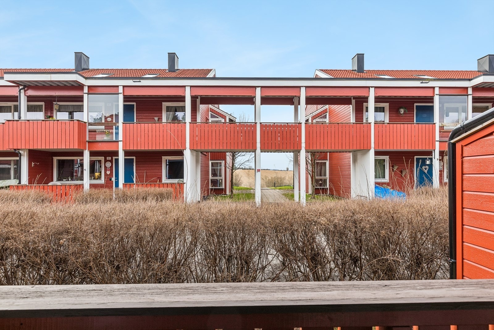 Fra verandaen ser man ut over borettslagets fellesarealer, som er pent opparbeidet med beplantning og sittegrupper. Galleribilde