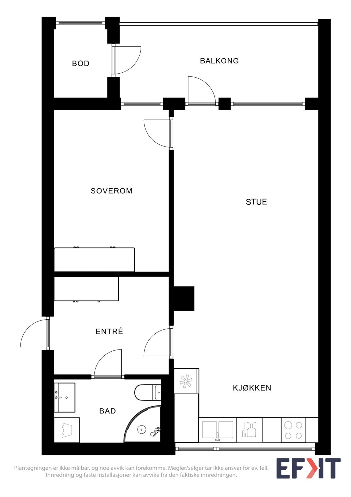 Leiligheten har en effektiv planløsning på 52 m² (BRA-i) som omfatter entré, bad, soverom og en åpen stue- og kjøkkenløsning. Galleribilde