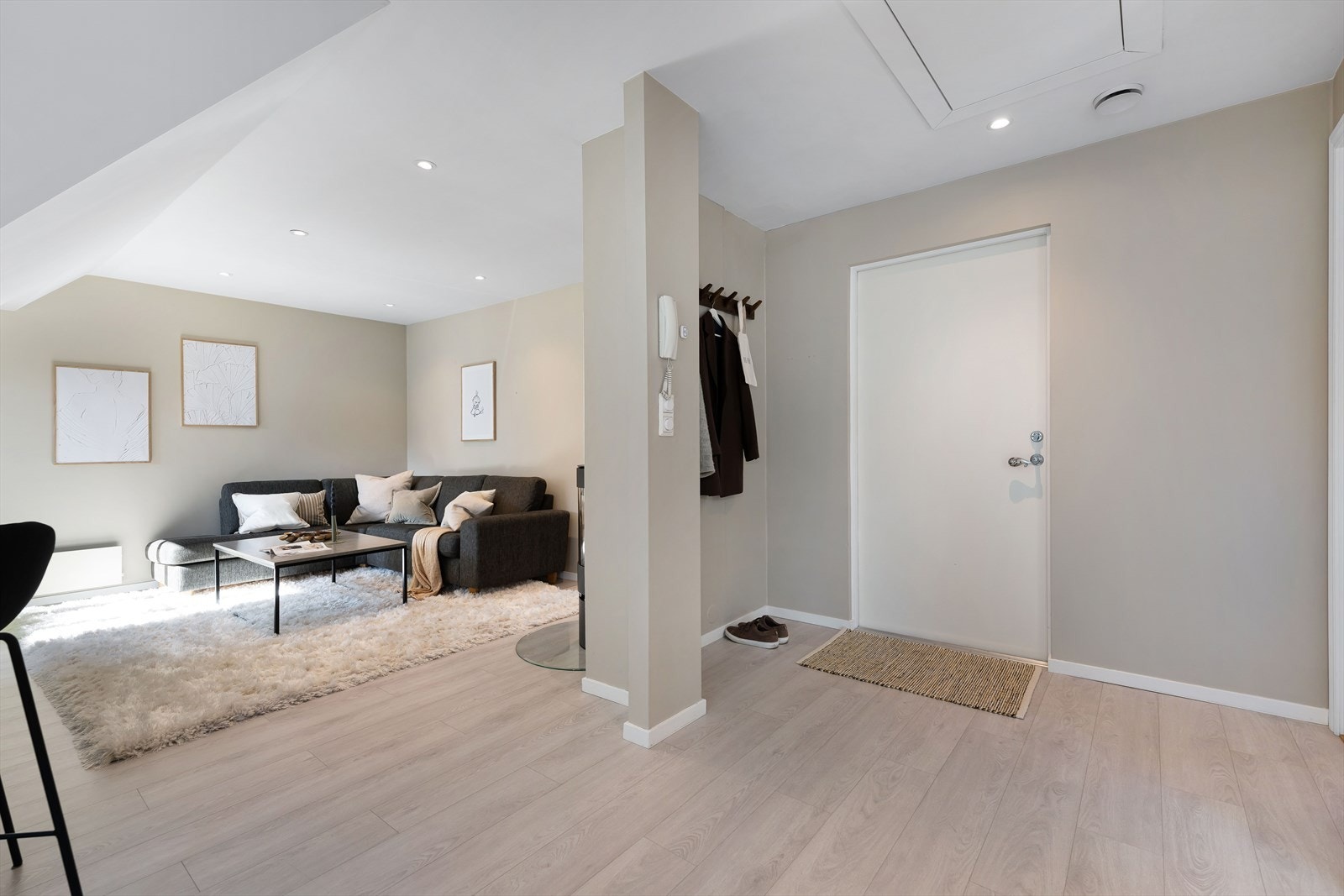 Fra inngangspartiet åpner leiligheten seg opp mot stuen og den sosiale sonen. Galleribilde
