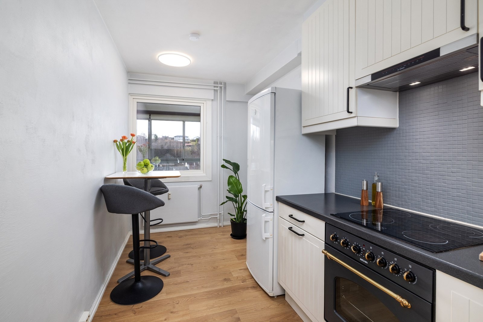 Kjøkkenet er utstyrt med keramisk platetopp, stekeovn, oppvaskmaskin og kjøl-/fryseskap. Galleribilde
