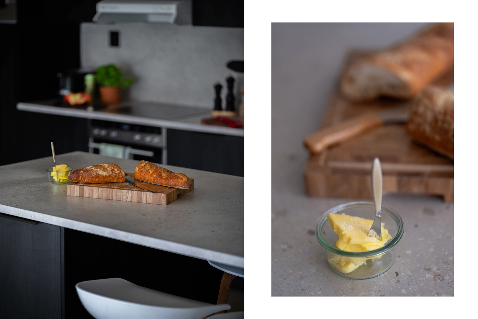 Kjøkkenøya fungerer både som arbeidsbenk og frokostbord. Denne står oppå parketten og kan fjernes om ny eier ønsker dette Galleribilde