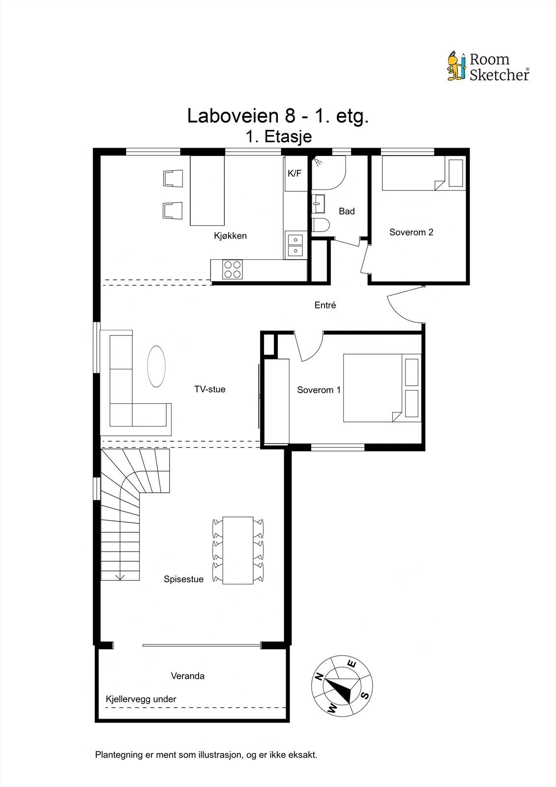 Hovedetasjen på 92 m² har en effektiv planløsning som omfatter entré, to soverom, bad, kjøkken og en romslig stue/spisestue. Galleribilde