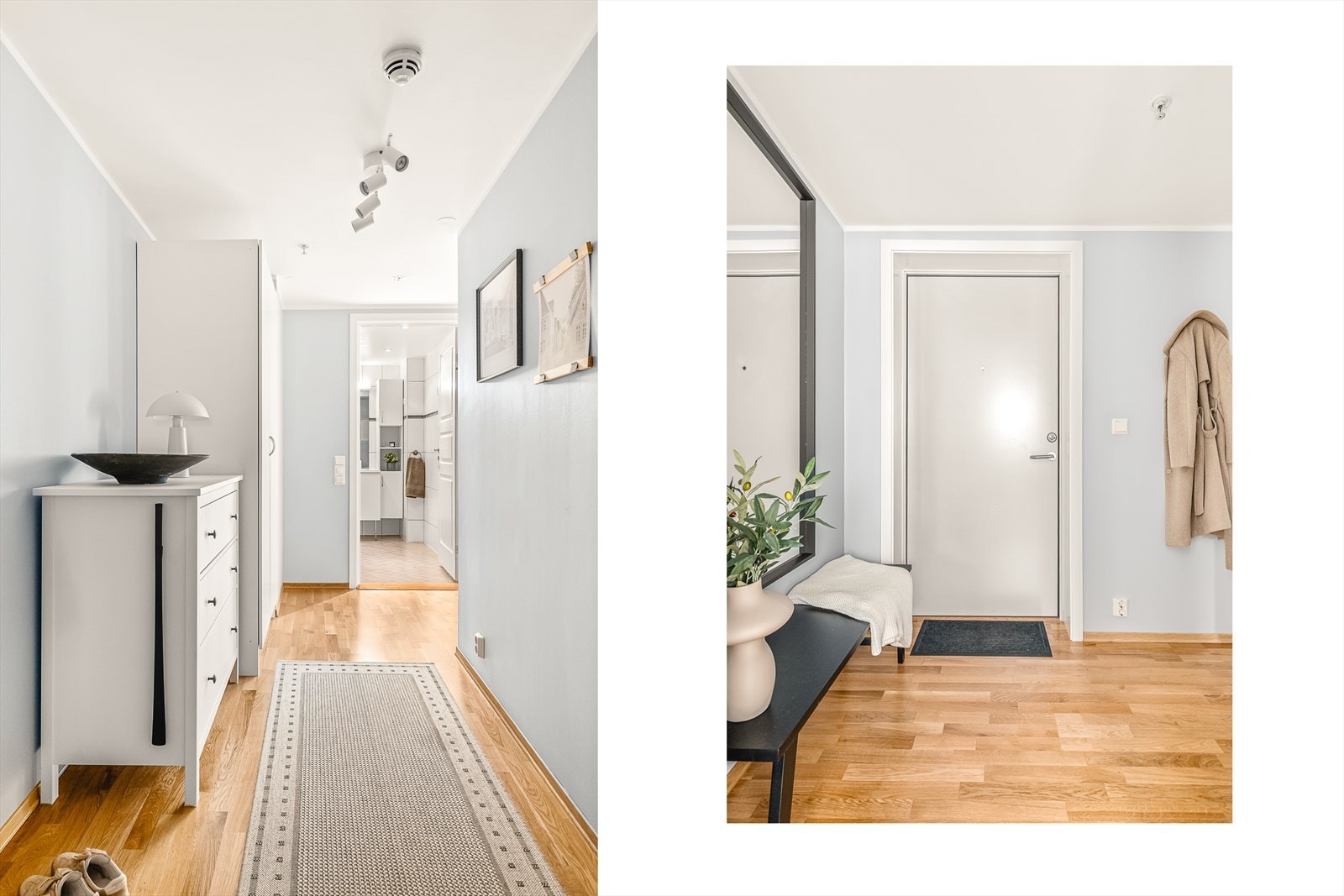Velkommen inn! En romslig gang, malt i lyse fargetoner ønsker deg velkommen hjem! Her er god plass til oppheng av yttertøy både i garderobeskap og ved inngangsdøren. Galleribilde