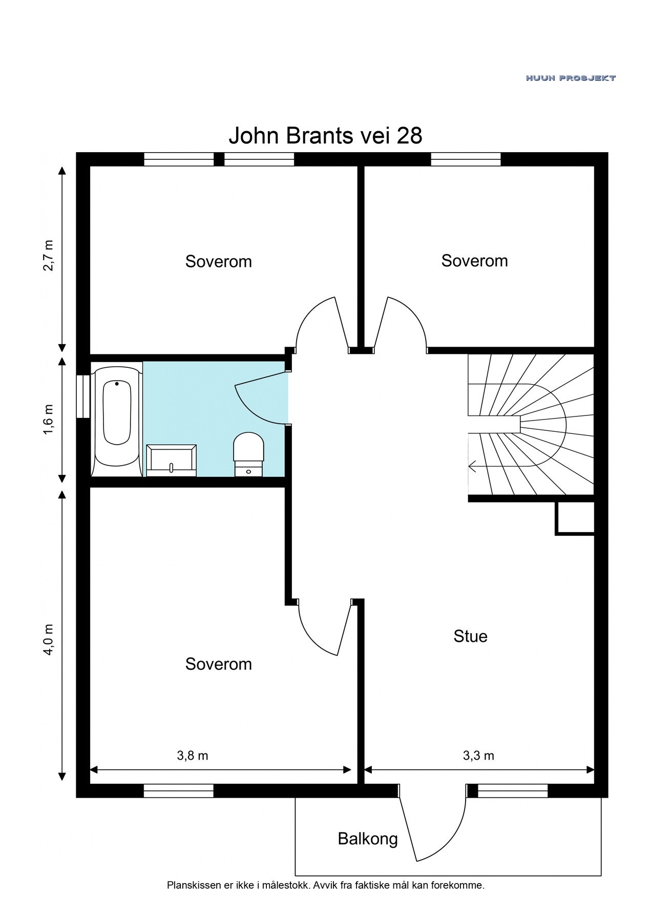 Planskisse 2.etasje. Etasjen er 63 kvm og består av en stor stue (deler av rommet kan lett gjøres om til en fjerde soverom) med utgang til balkong (5 kvm), 3 soverom og familebad med badekar. Kaldloft med nedfellbar stige. Galleribilde