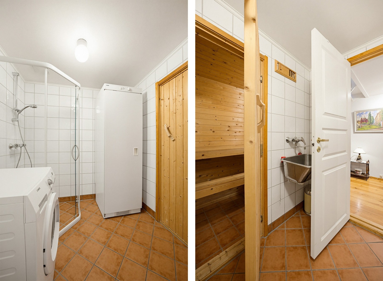 Praktisk flislagt vaskerom/ bad i kjeller som antas å være pusset opp rundt år 2000. På vaskerommet/badet er det dusjhjørne, vaskemaskin, varmtvannsbereder og utslagsvask. I tilknytning til vaskerommet er det en badstue. Galleribilde