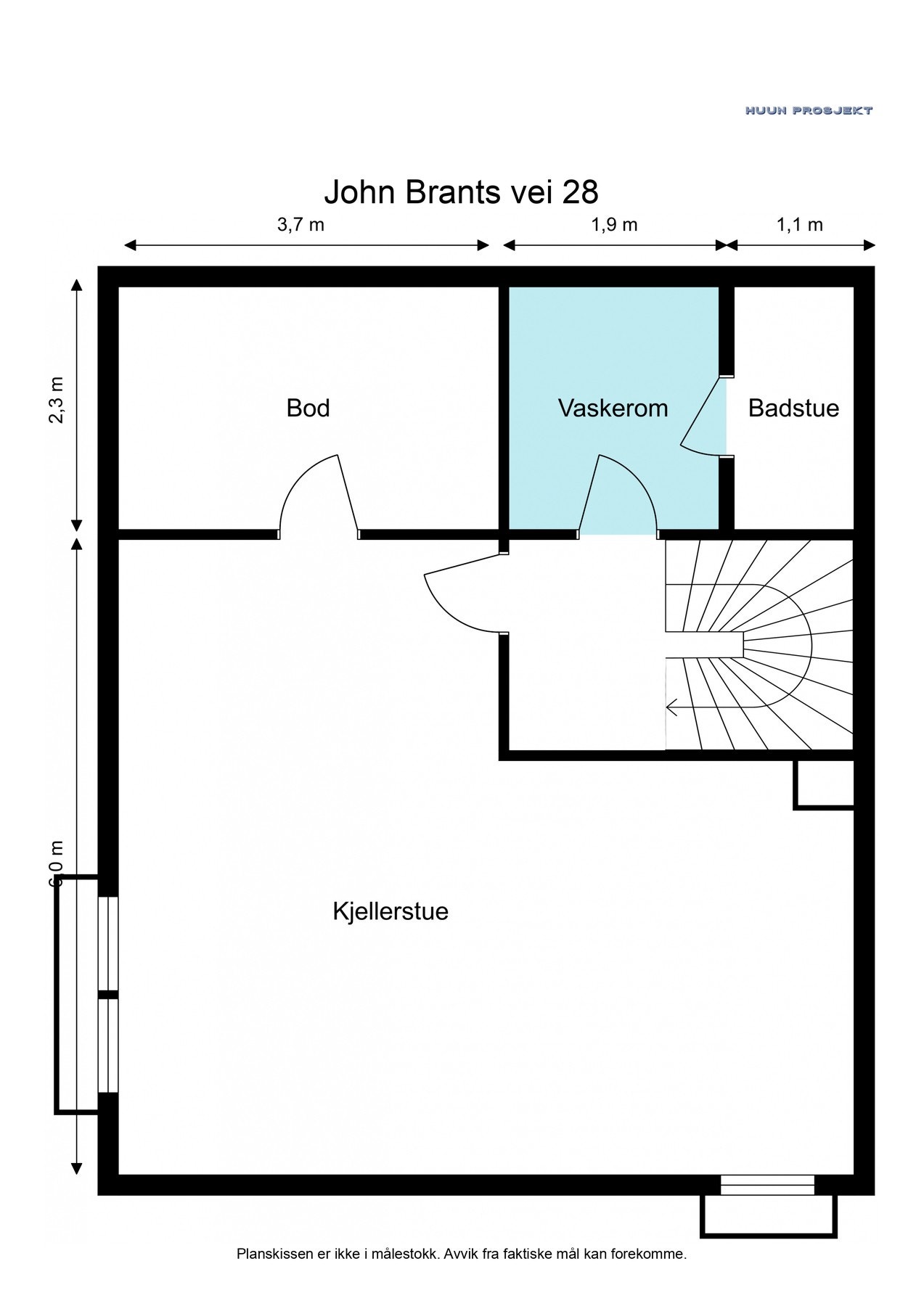 Planskisse for kjellerplan. Etasjen er 59 kvm og består av trappegang, bad/vaskerom med inngang til badstue, stor kjellerstue (ikke varig opphold) med peis og bod. Galleribilde