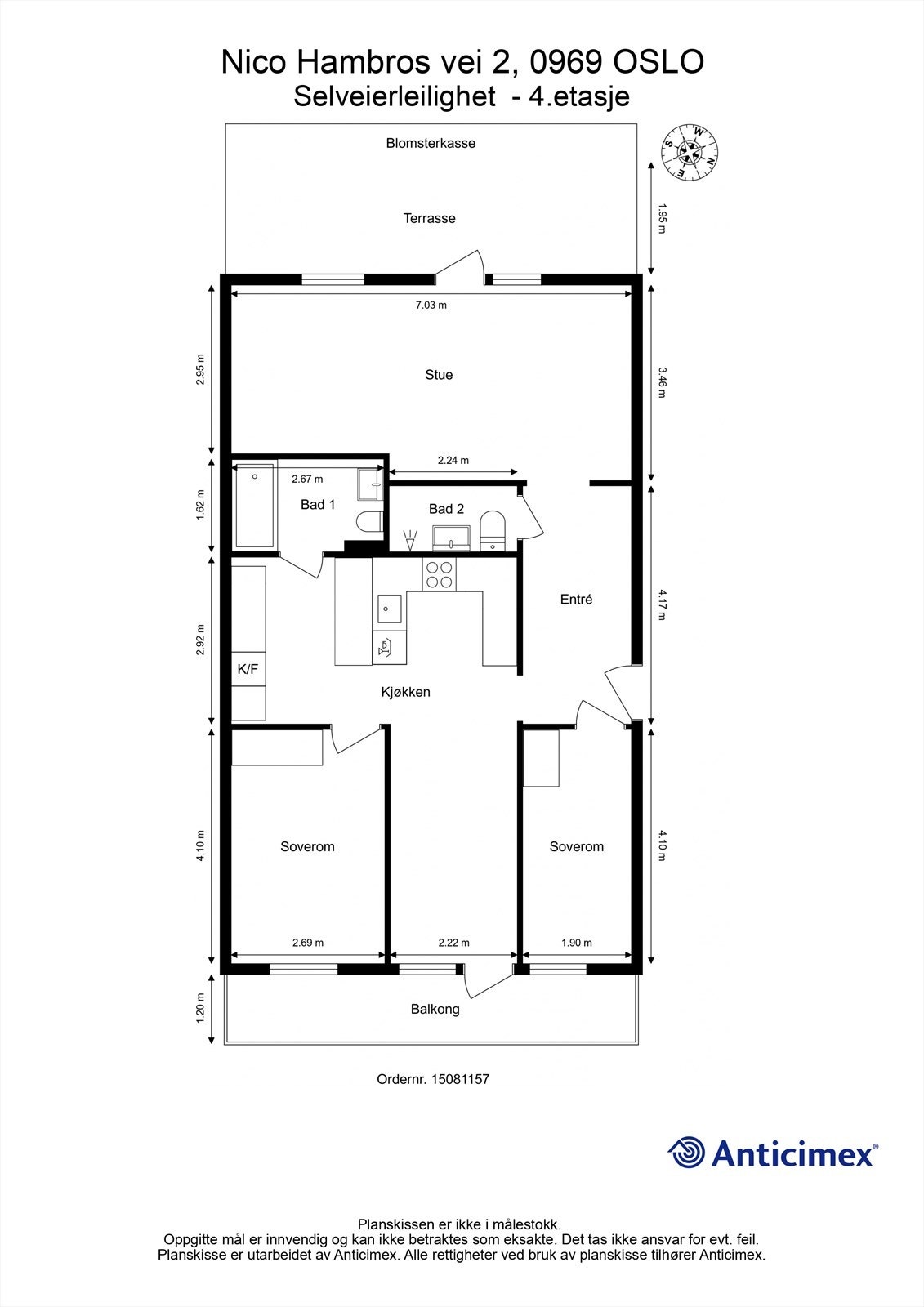 Leiligheten har en arealeffektiv planløsning med to soverom, to bad og en praktisk bod på 8 m² i samme etasje. Galleribilde