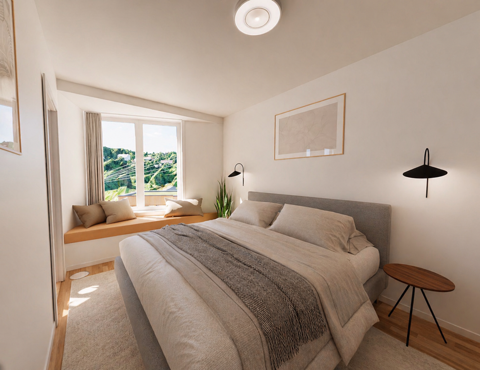 Det er en flott utforming. Her det største soverommet. Legg merke til sittebenken i vinduskarmen! Bildet er en 3D visualisering av den aktuelle leiligheten. Galleribilde