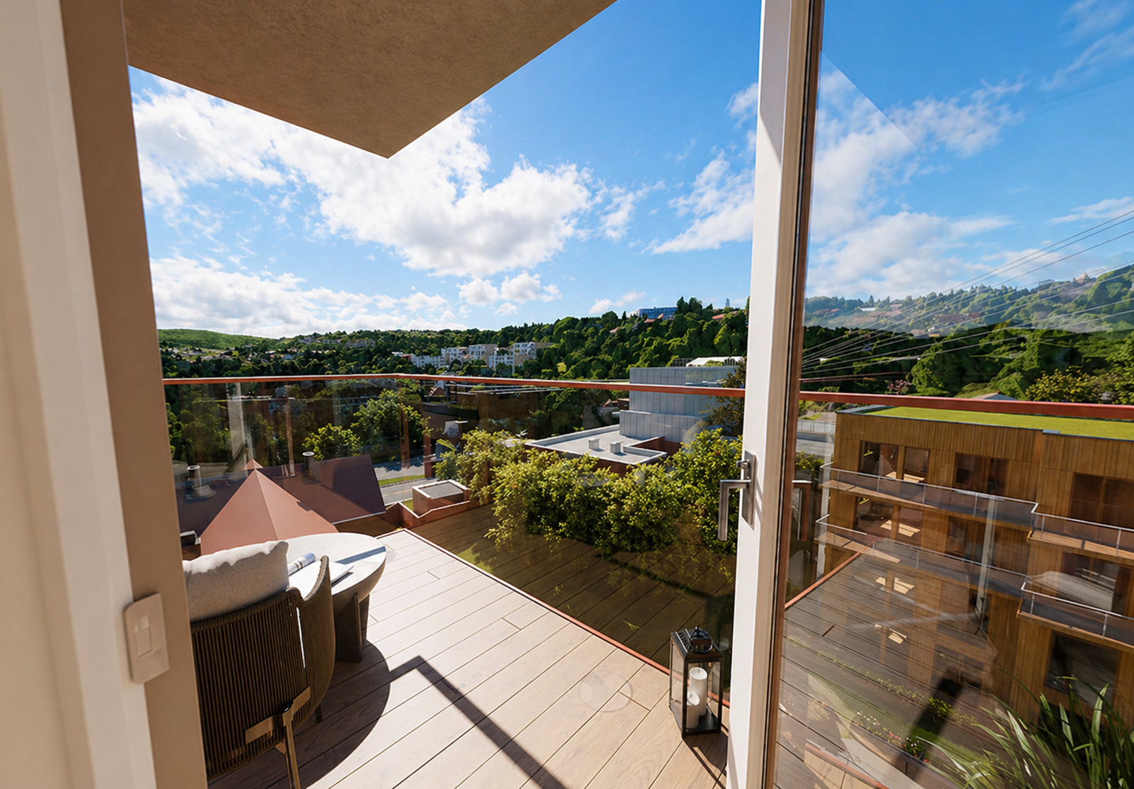 Fantastisk balkong med kveldssol, i tillegg til felles takterrasse på samme plan! Bildet er en 3D visualisering av den aktuelle leiligheten. Galleribilde
