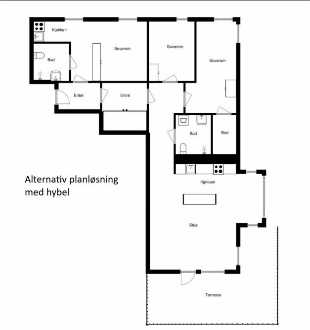 Alternativ planløsning med hybel (Se informasjon under pkt ferdigattest) Galleribilde