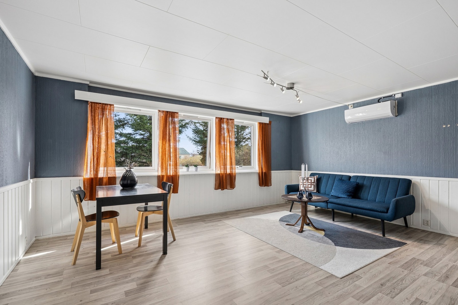 Romslig stue hvor det er montert varmepumpe. Galleribilde