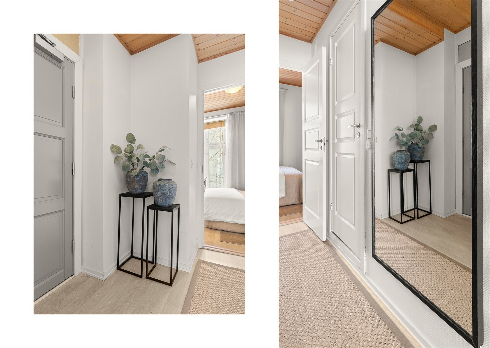 Entréen gir et hyggelig førsteinntrykk med plass til oppbevaring av yttertøy og sko, og leder deg videre inn i boligen på en naturlig måte. Galleribilde