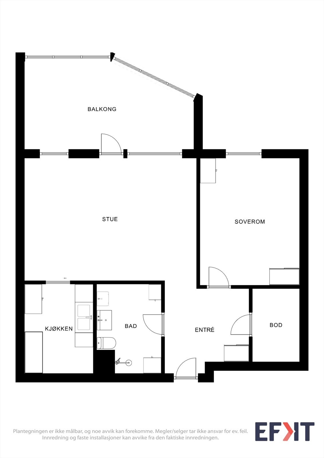 Planløsningen fordeler arealet over entré, stue, kjøkken, bad, soverom og bod. Galleribilde