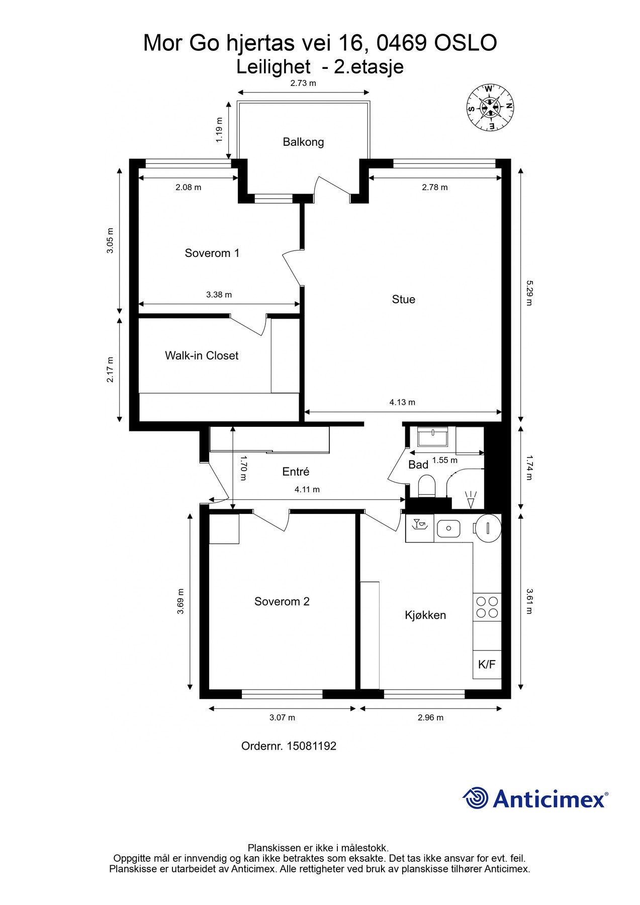 Plantegning 2. etasje. I tillegg disponerer leiligheten 3 boder; en kjellerbod på 5m², en vedbod på 1m² kjelleren, samt en loftsbod med gulvareal på 6m². Galleribilde