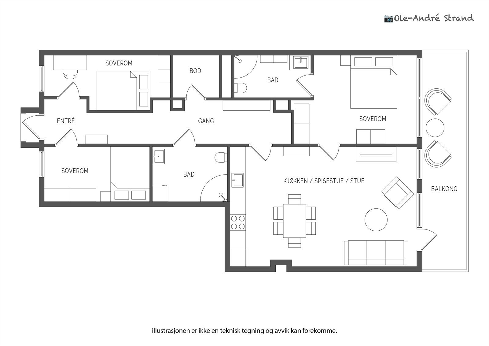 Leiligheten ligger fint til i byggets 2.etasje og inneholder følgende: Entré/gang, stue med åpen kjøkkenløsning, hovedsoverom med en-suite baderom, 2 gjestesoverom, 1 gjestebaderom og innvendig bod. Galleribilde