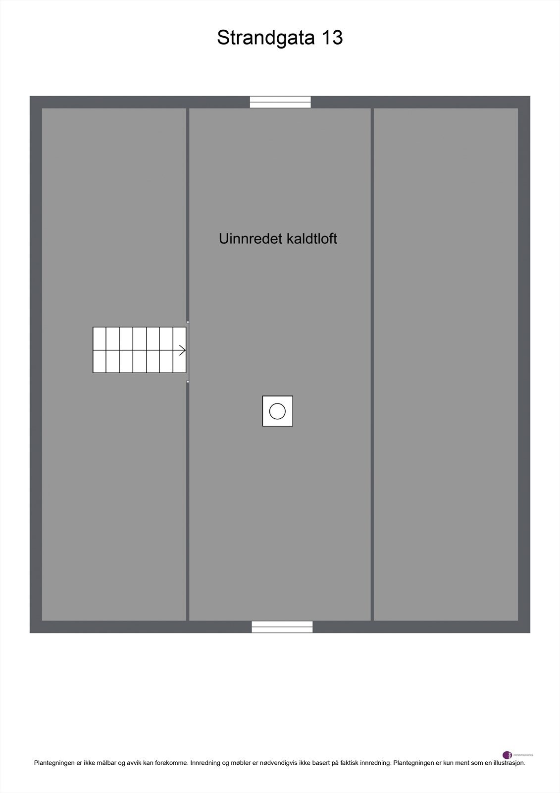 Plantegning loft. Loftet er i dag et uinnredet kaldloft, men er i rammetillatelsen tegnet inn med to bad, tre soverom og garderoberom. Galleribilde