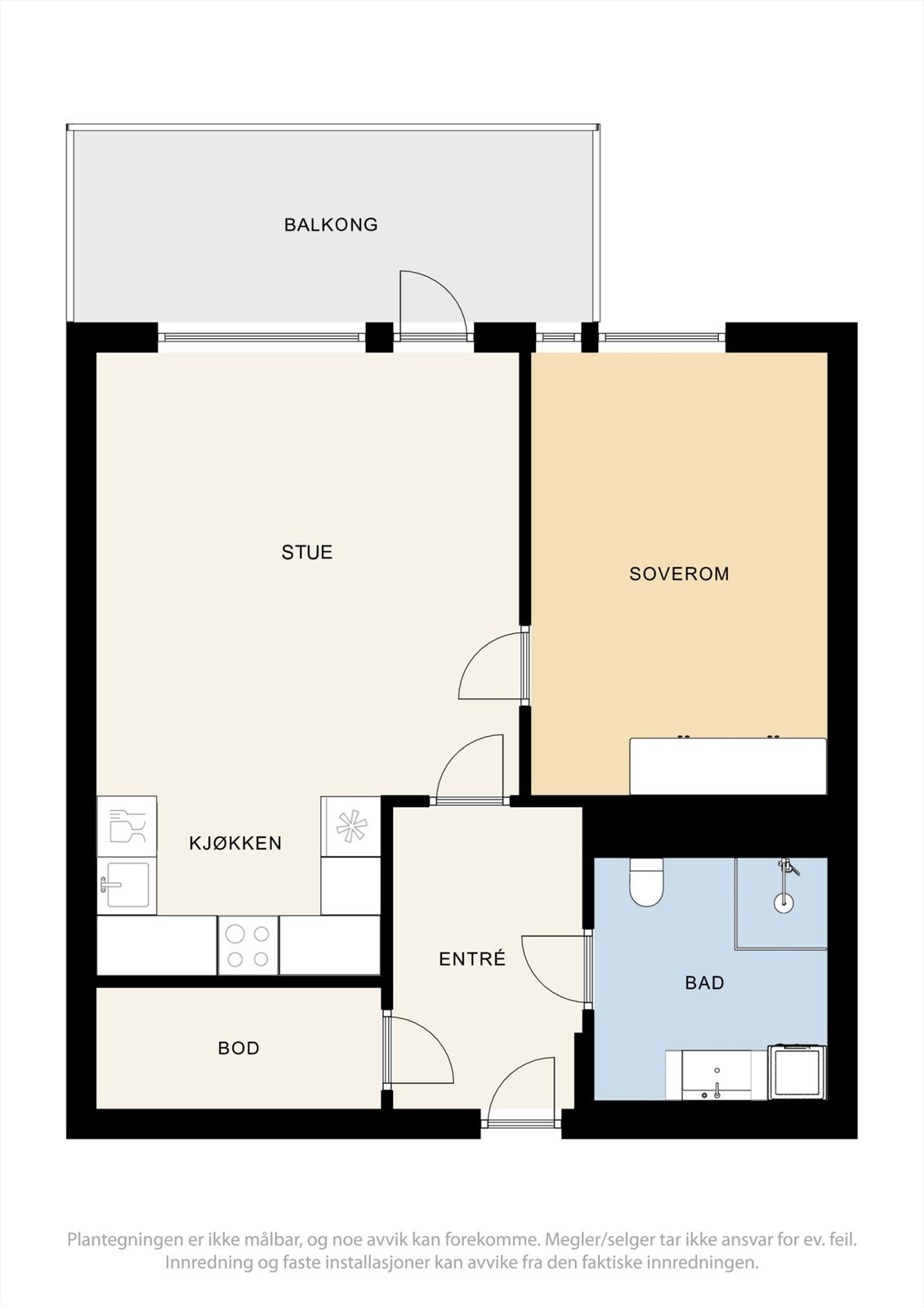 Leiligheten har en gjennomtenkt planløsning på 55 m². Den omfatter en åpen stue- og kjøkkenløsning, et separat soverom, bad og en praktisk innvendig bod. Galleribilde
