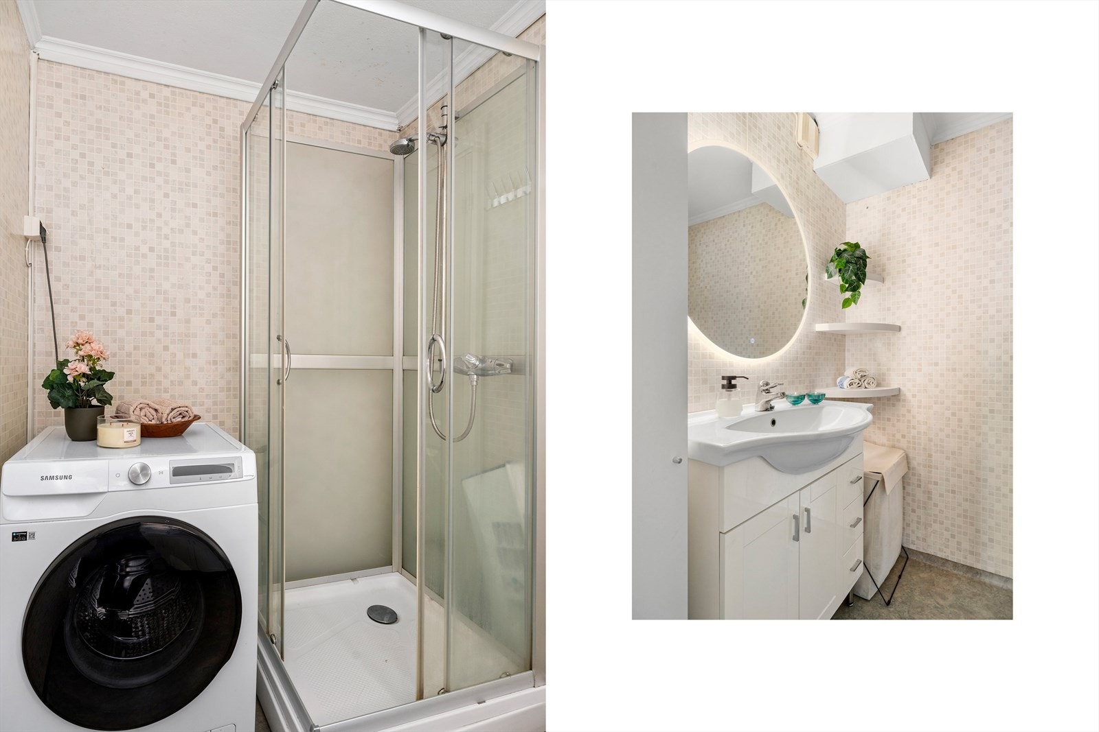Badet har innredning med vask, langskap, speil, dusjkabinett og uttak for vaskemaskin. Galleribilde
