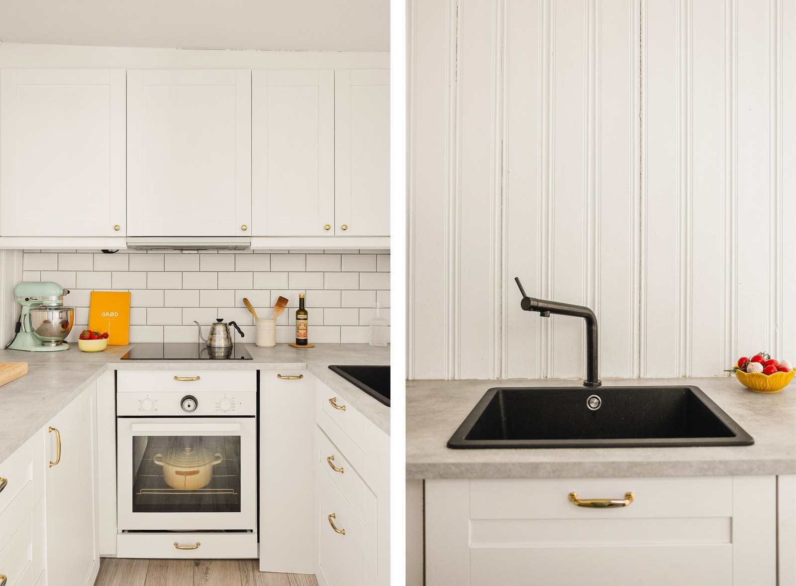 Kjøkken innredning med profilerte fronter og laminat benkeplate med nedfelt vask. Galleribilde