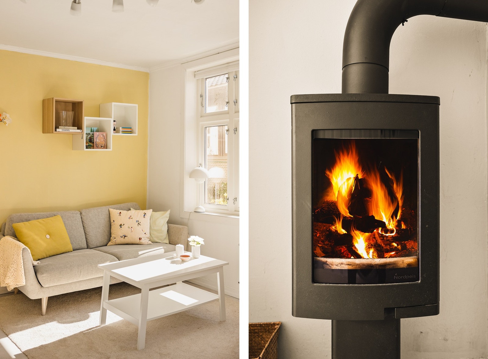I mellomgang mellom stue og kjøkken har man en peisovn som skaper hygge og gir god varme på kalde vinterdager. Galleribilde