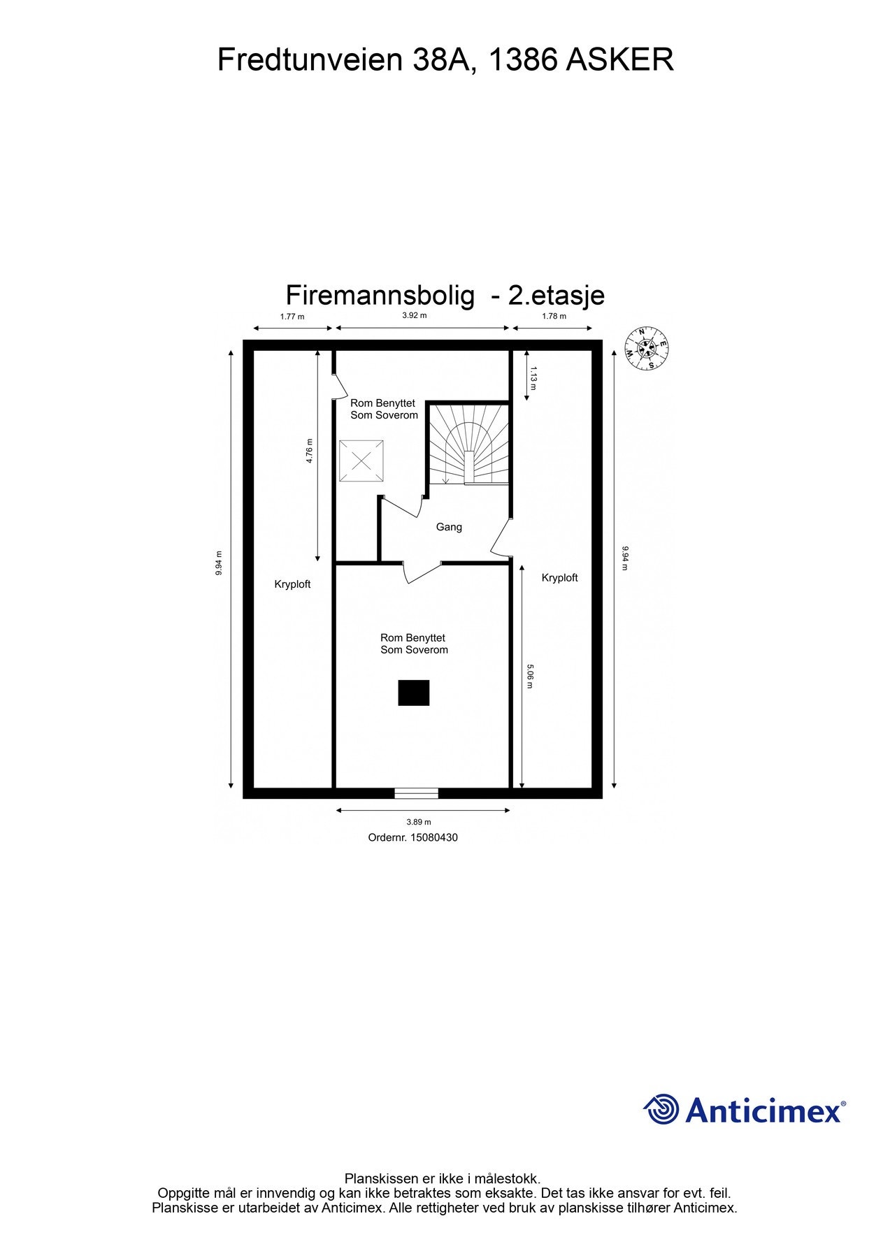 Vi begynner med plantegningen her også. I 2. etasje er det to kryploft med stedvis gangbart gulv. Galleribilde